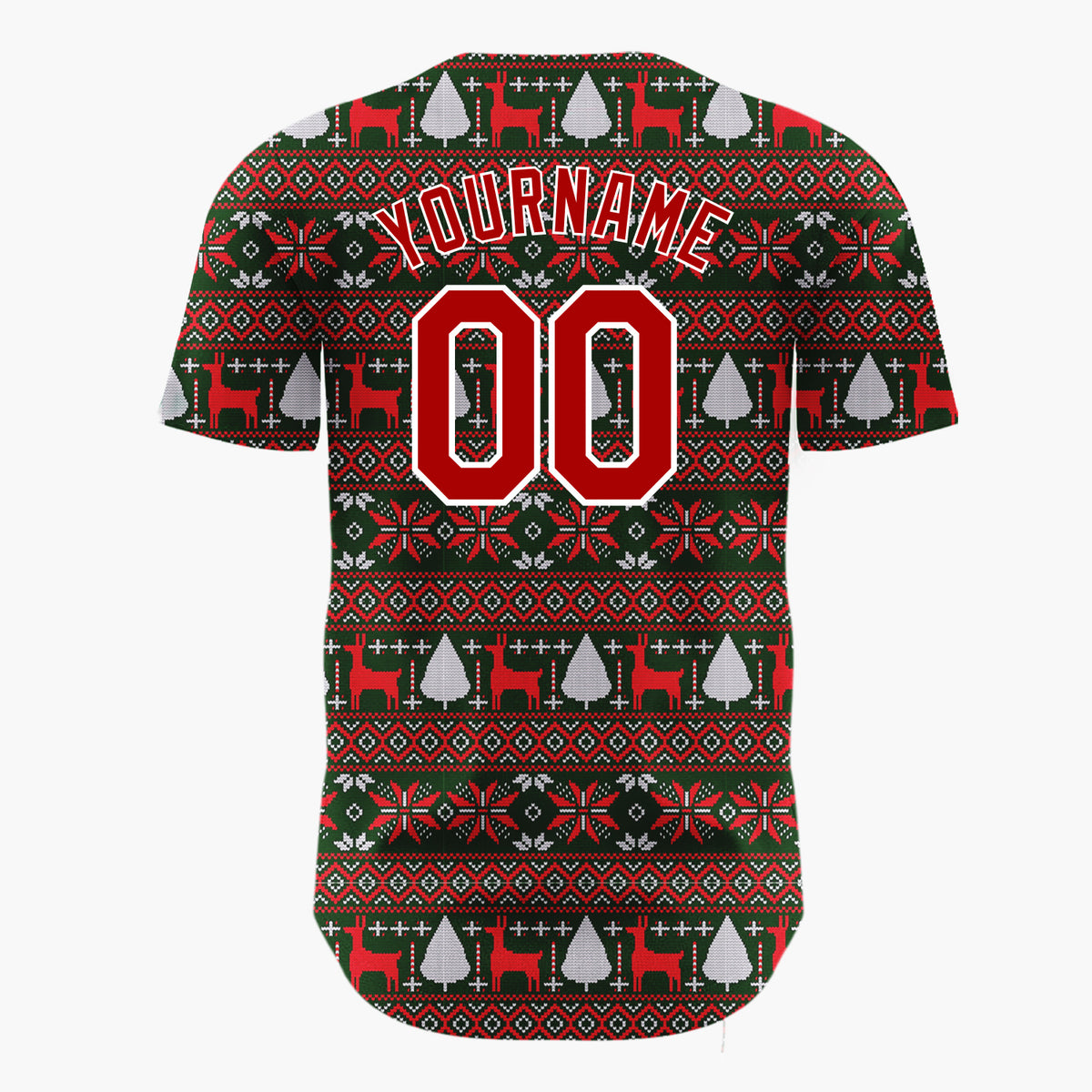 Custom Dark Green Red Reindeer And Trees Nordic Knit Pattern Christmas Baseball Jersey