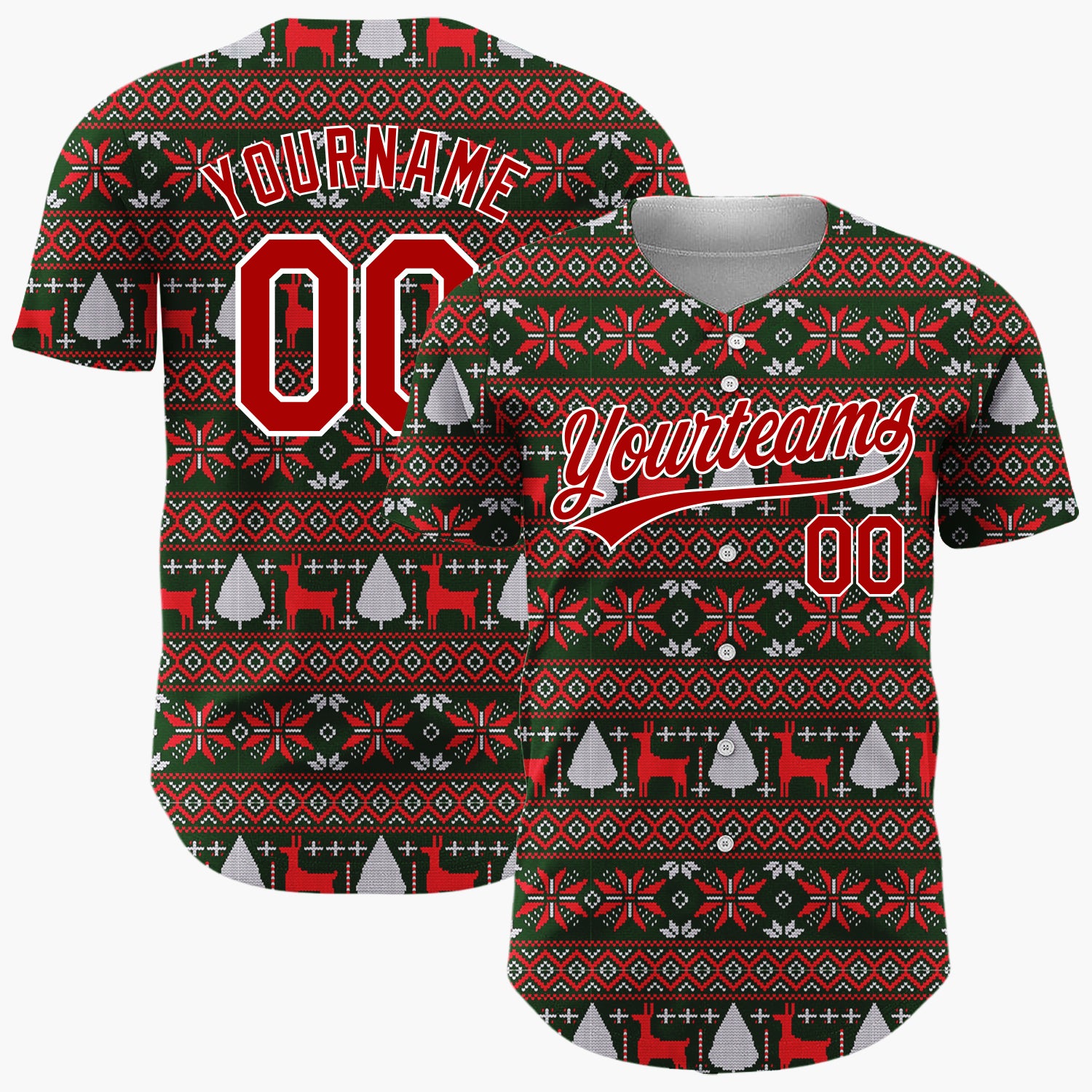 Custom Dark Green Red Reindeer And Trees Nordic Knit Pattern Christmas Baseball Jersey