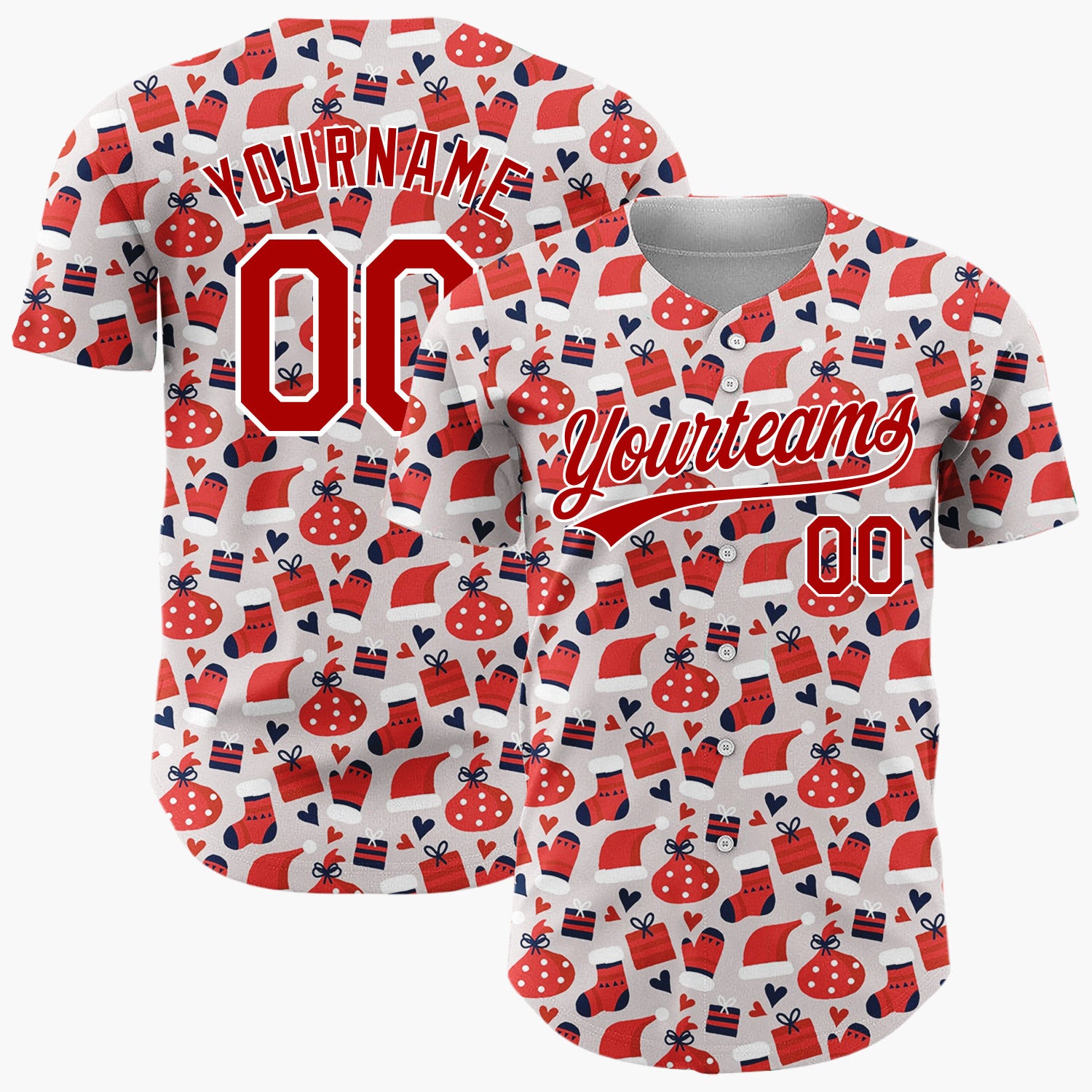 Custom Gray Red Blue Santa Hats Gifts And Stockings Cute Christmas Baseball Jersey