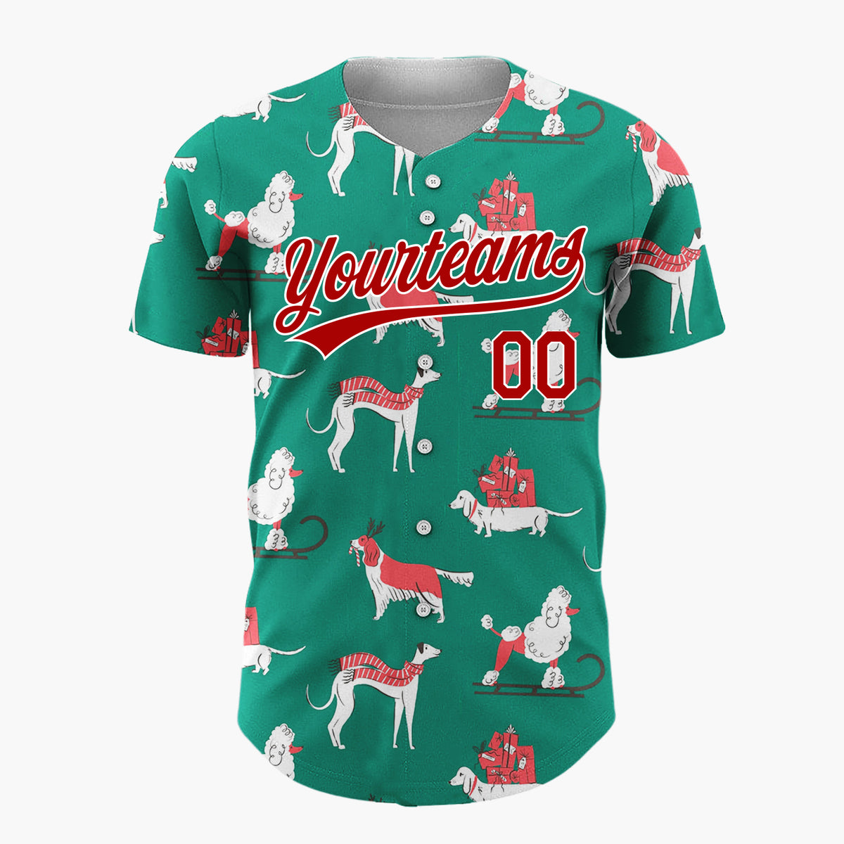 Custom Green Red Dogs With Gifts And Scarves Vintage Christmas Sled Pattern Christmas Baseball Jersey