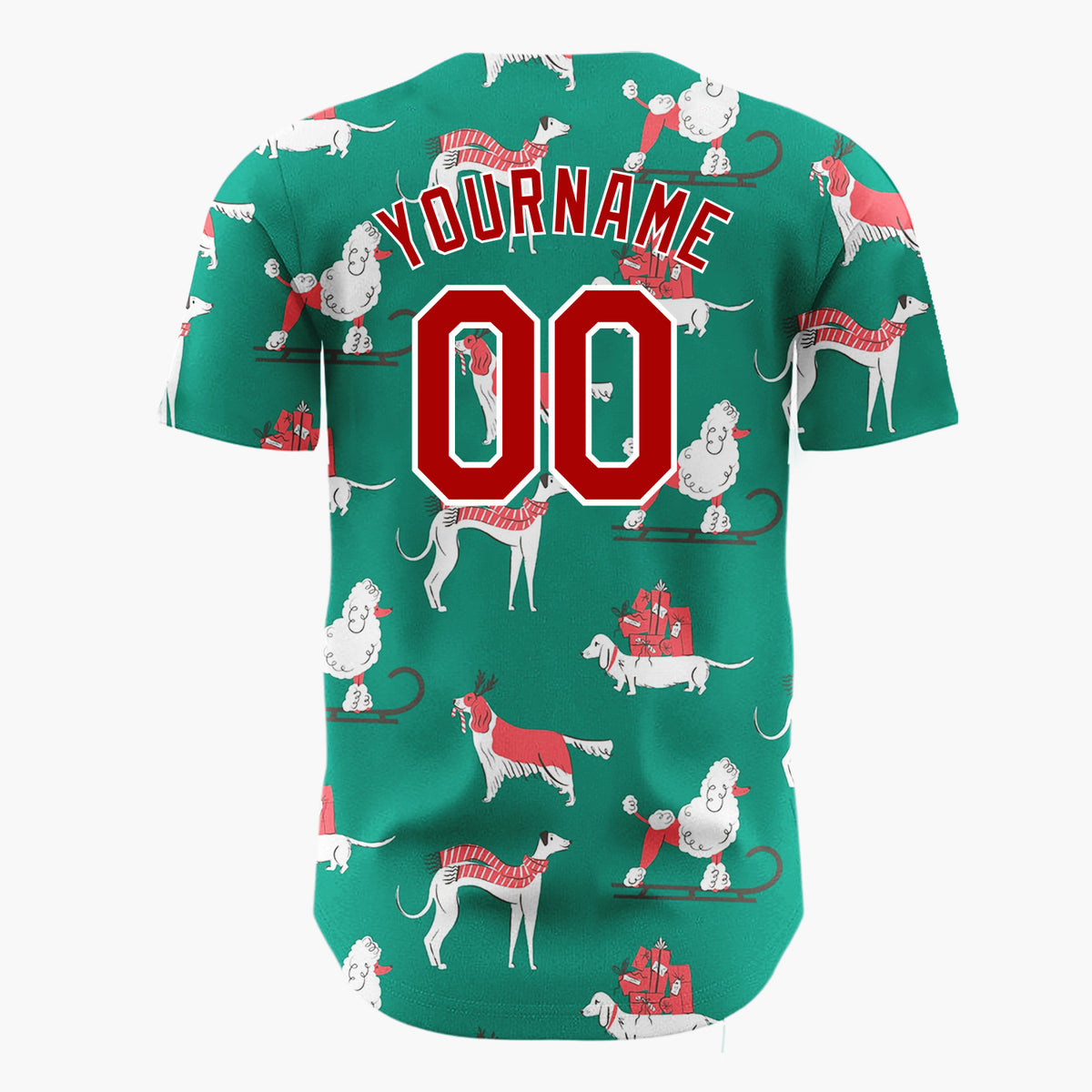 Custom Green Red Dogs With Gifts And Scarves Vintage Christmas Sled Pattern Christmas Baseball Jersey
