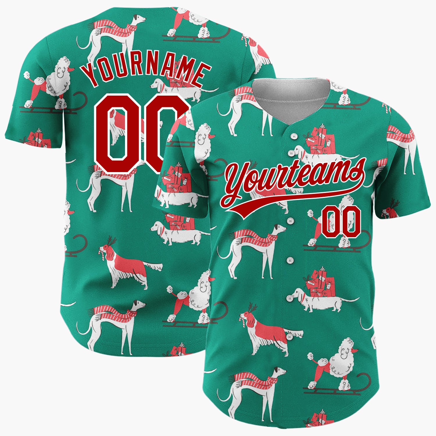 Custom Green Red Dogs With Gifts And Scarves Vintage Christmas Sled Pattern Christmas Baseball Jersey