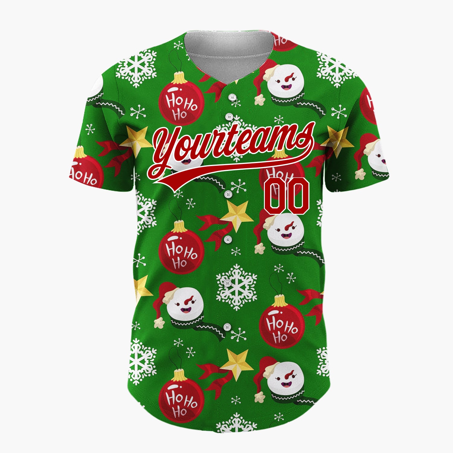 Custom Green Red Yellow Snowflakes Stars And Baubles Ho Ho Ho Christmas Baseball Jersey