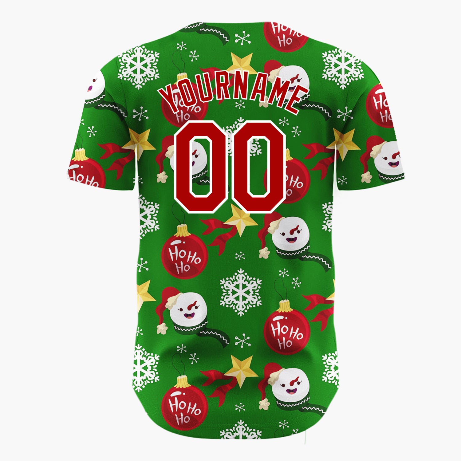 Custom Green Red Yellow Snowflakes Stars And Baubles Ho Ho Ho Christmas Baseball Jersey