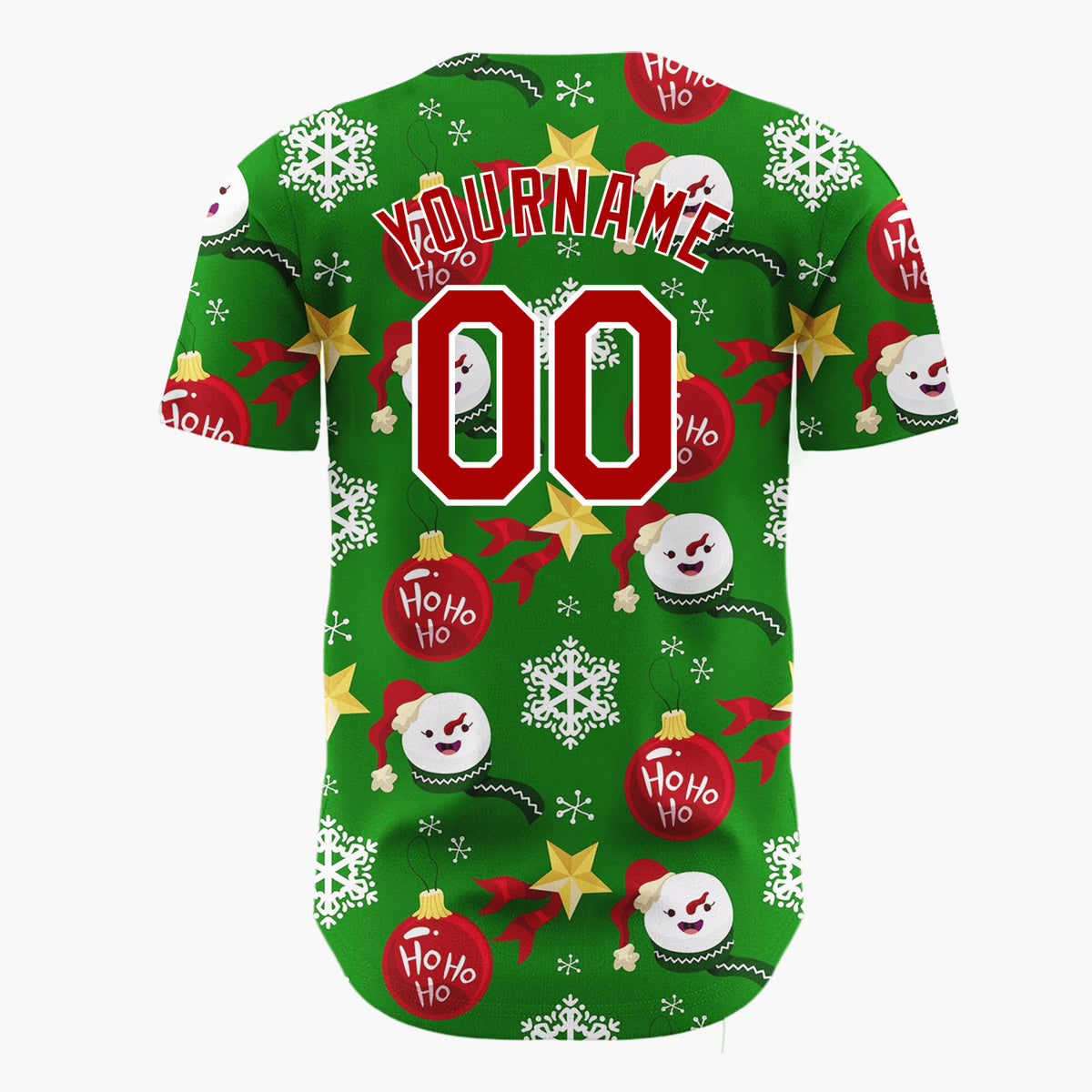 Custom Green Red Yellow Snowflakes Stars And Baubles Ho Ho Ho Christmas Baseball Jersey