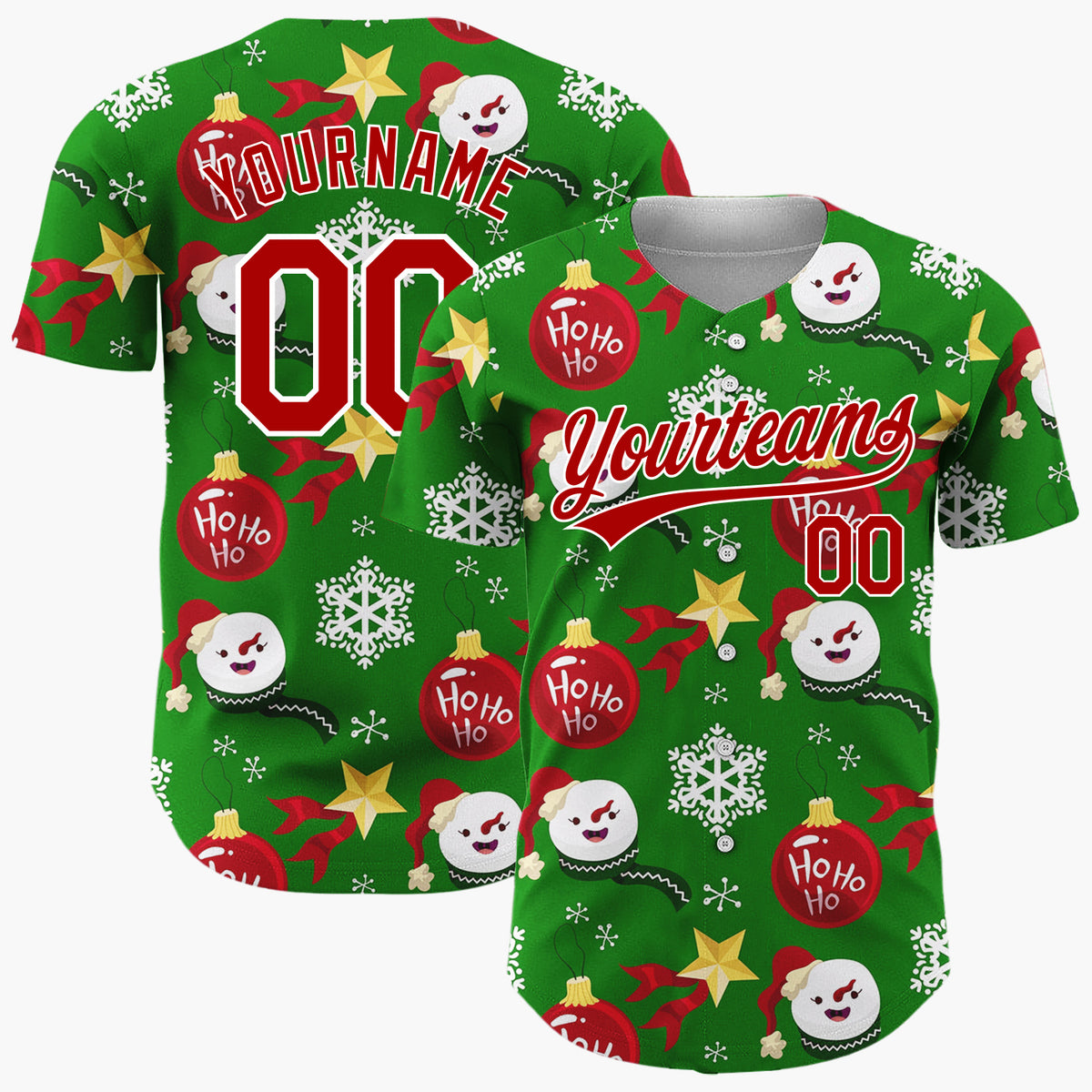 Custom Green Red Yellow Snowflakes Stars And Baubles Ho Ho Ho Christmas Baseball Jersey