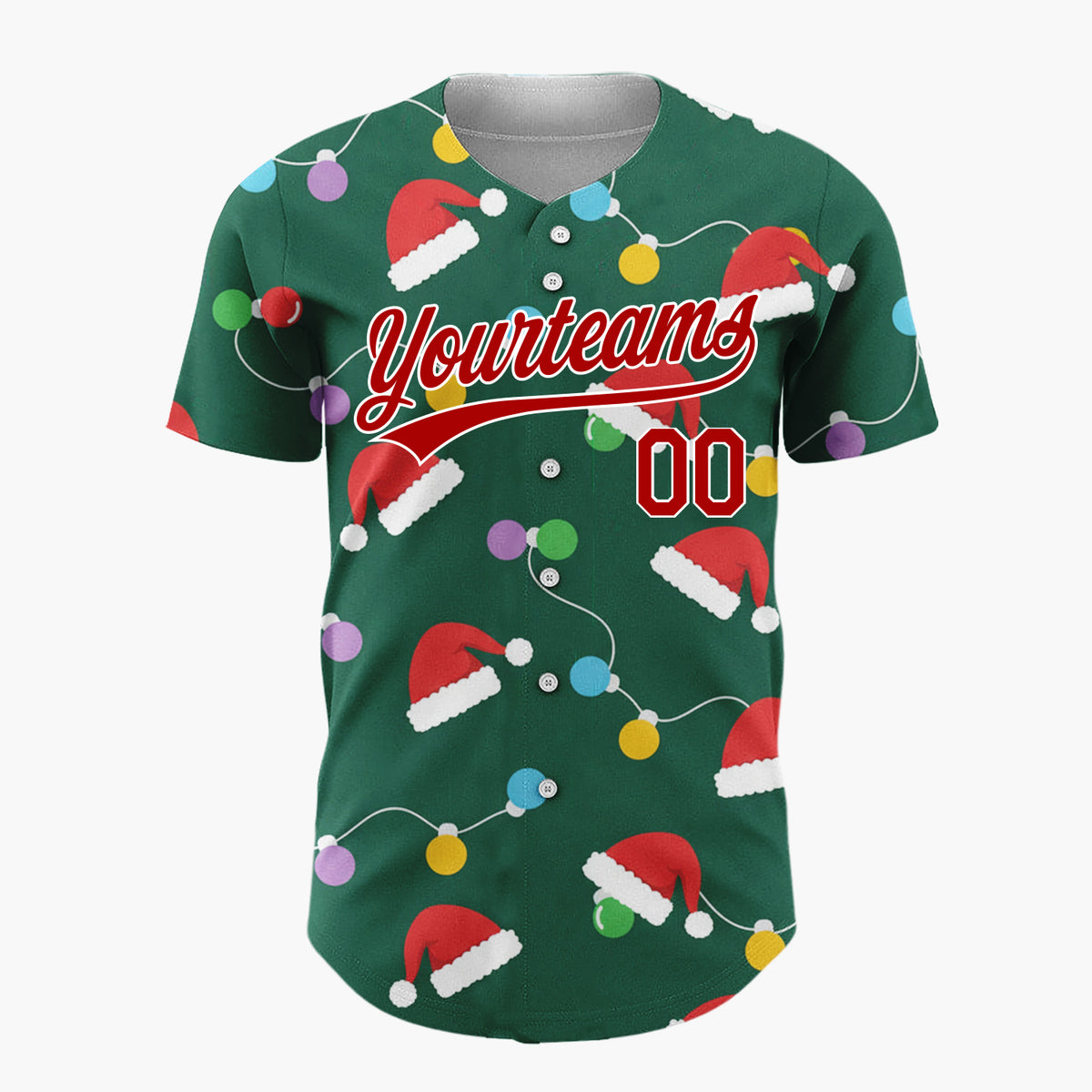 Custom Green Red Multicolor Santa Hats And Bulb Lights Festive Christmas Baseball Jersey