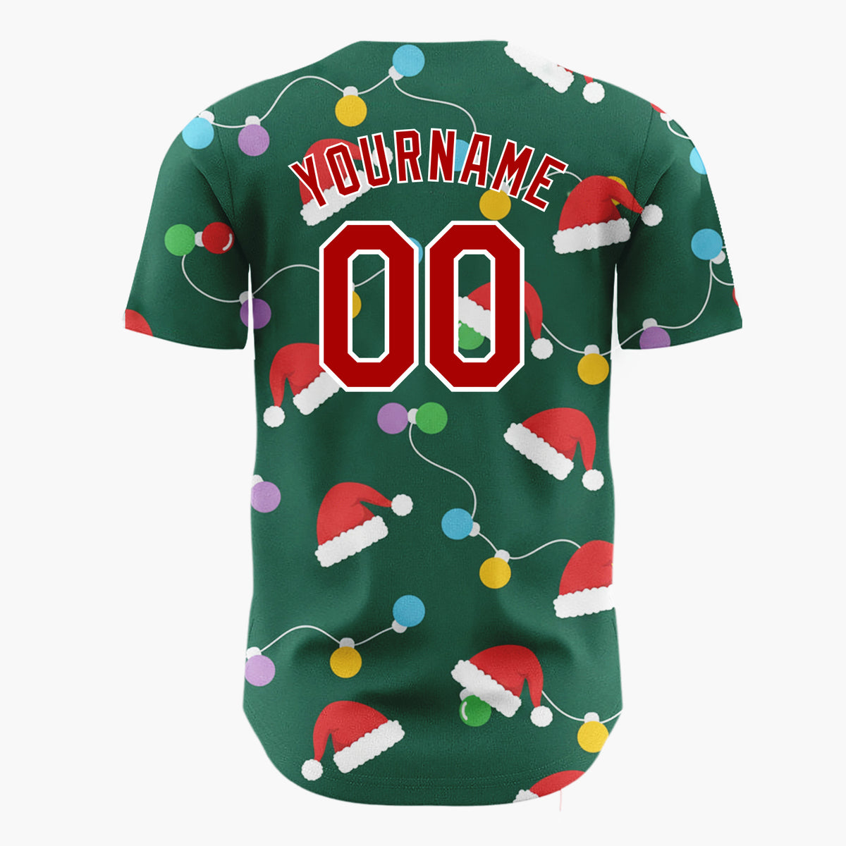 Custom Green Red Multicolor Santa Hats And Bulb Lights Festive Christmas Baseball Jersey