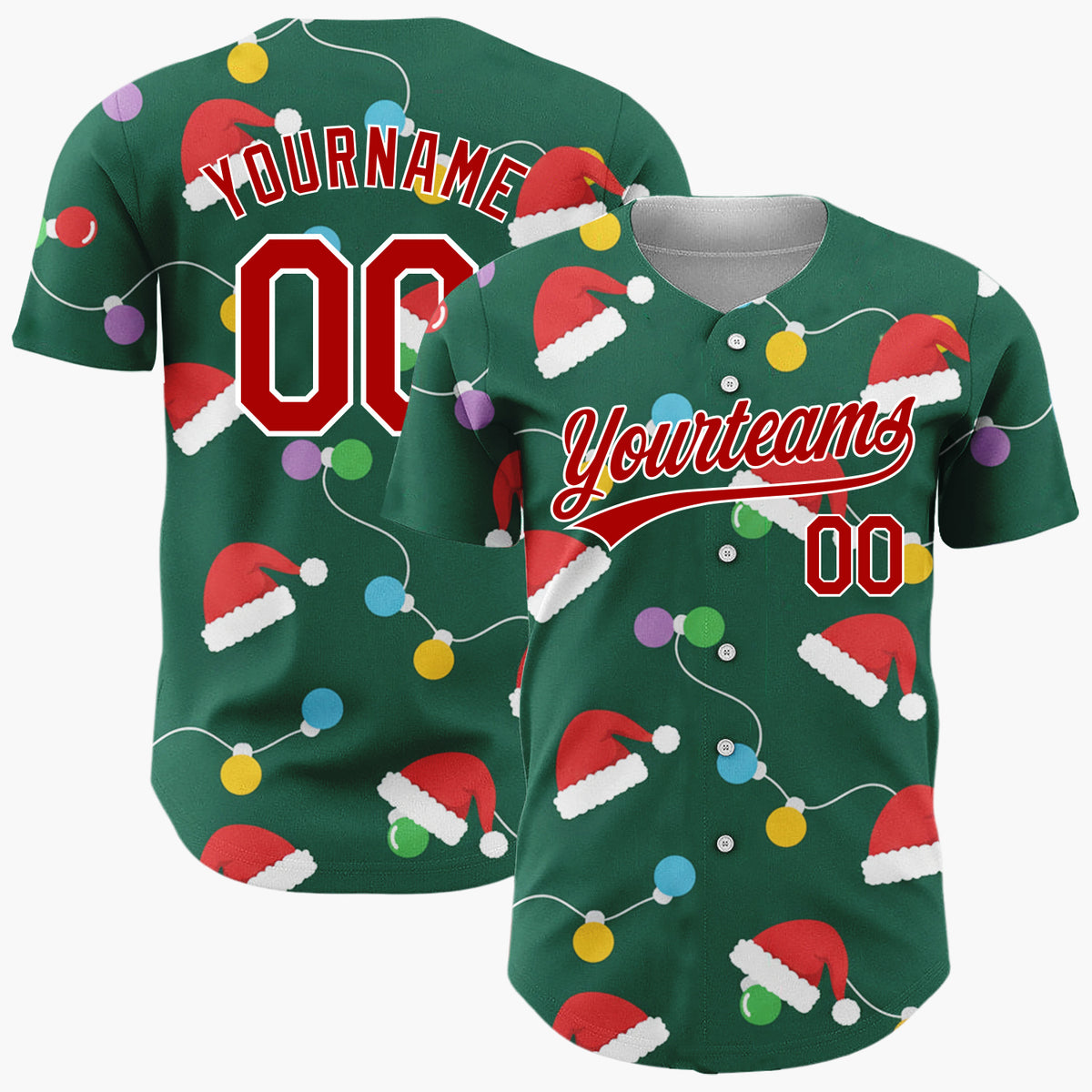 Custom Green Red Multicolor Santa Hats And Bulb Lights Festive Christmas Baseball Jersey