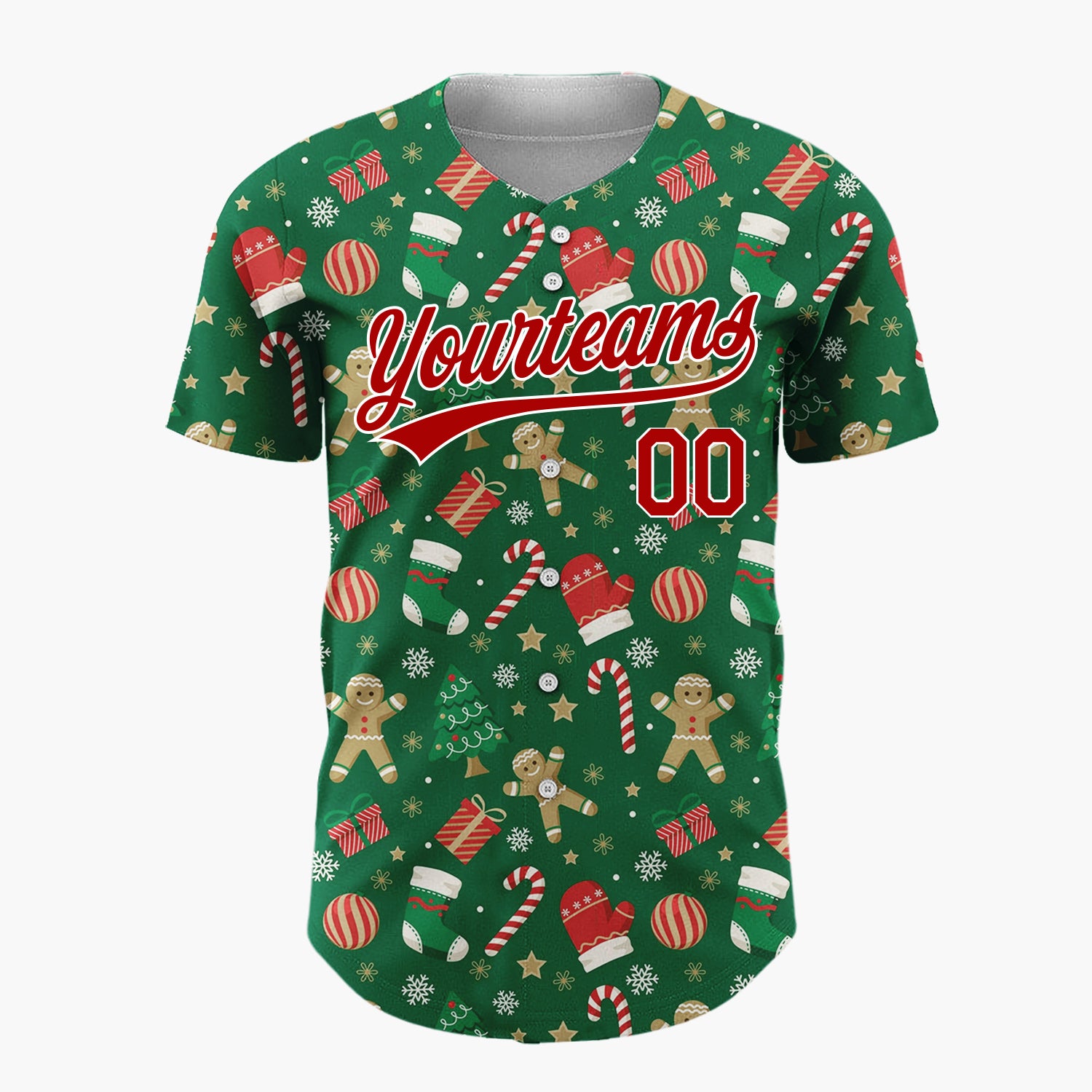 Custom Dark Green Red Gingerbread Man Candy Cane Christmas Baseball Jersey