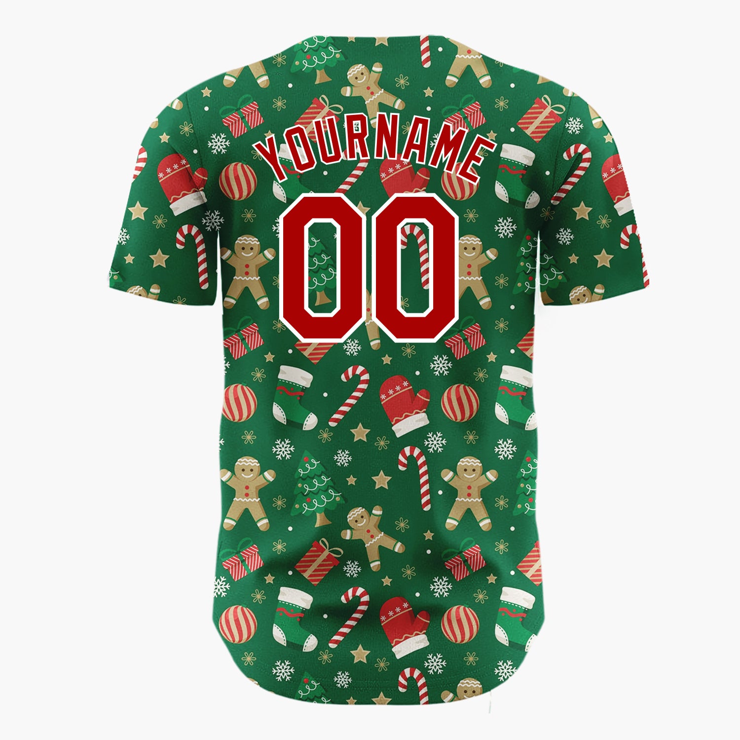 Custom Dark Green Red Gingerbread Man Candy Cane Christmas Baseball Jersey