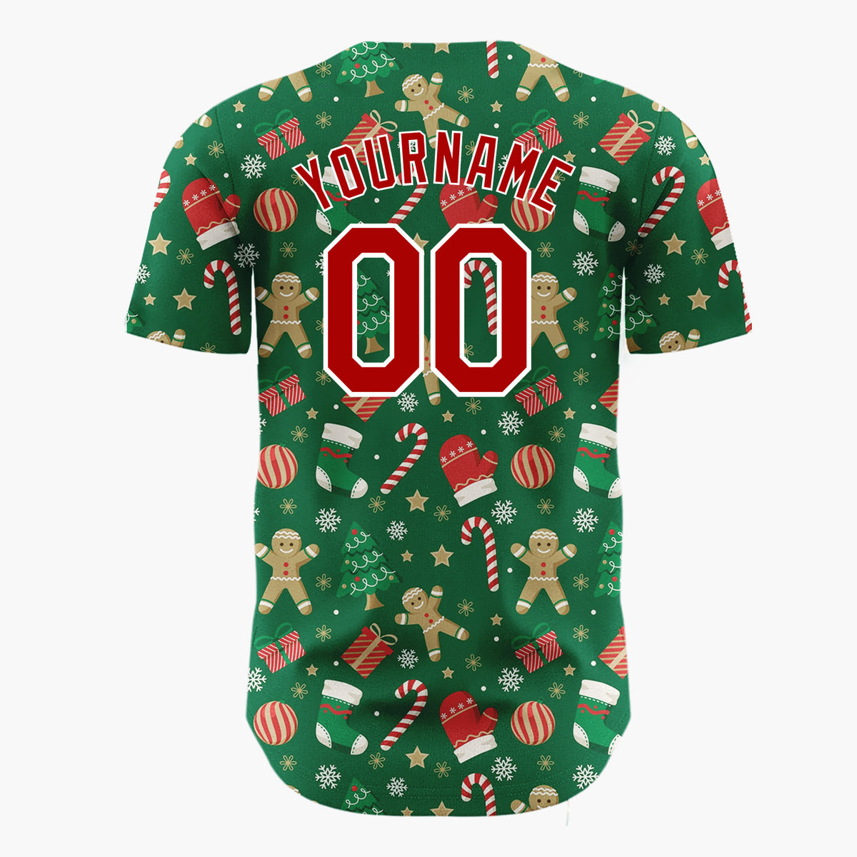 Custom Dark Green Red Gingerbread Man Candy Cane Christmas Baseball Jersey