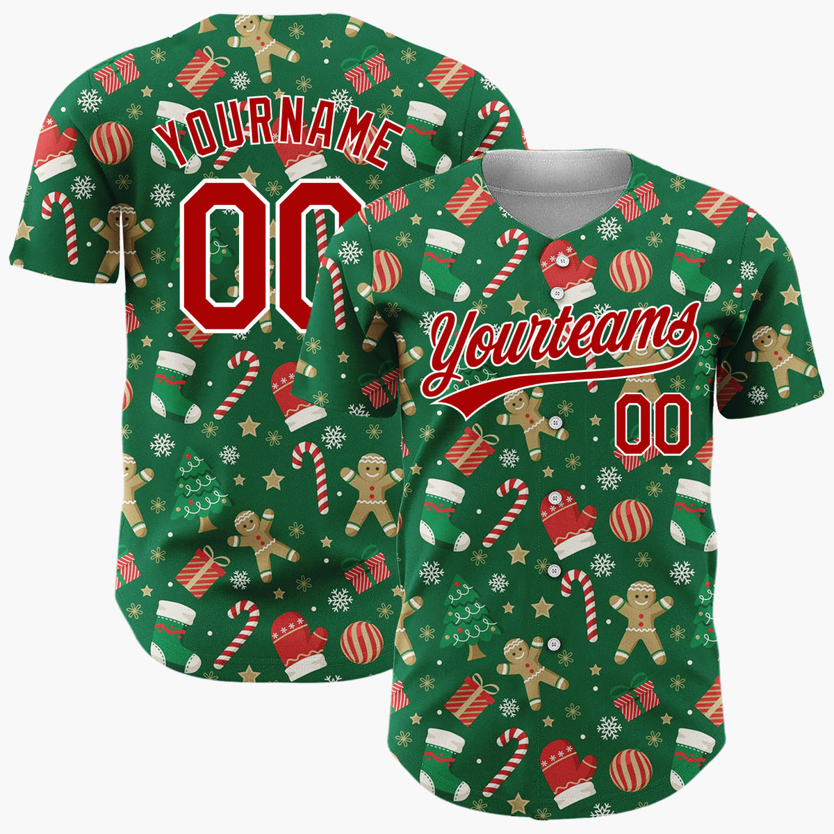 Custom Dark Green Red Gingerbread Man Candy Cane Christmas Baseball Jersey
