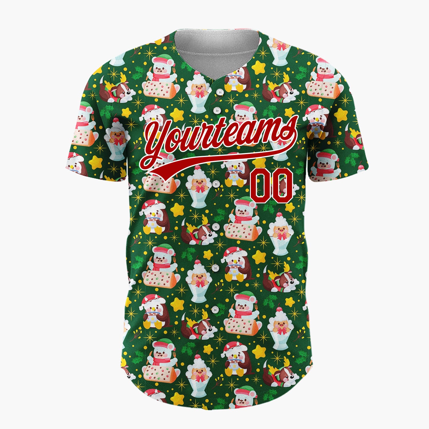 Custom Dark Green Santa Penguin Reindeer Cartoon Pattern Christmas Baseball Jersey