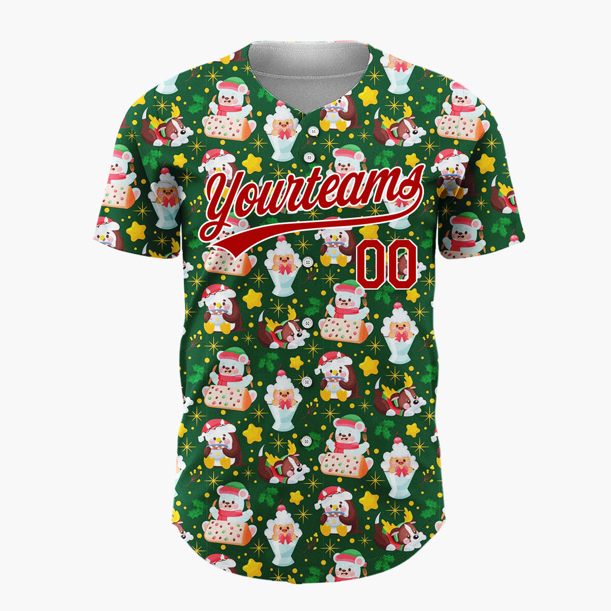 Custom Dark Green Santa Penguin Reindeer Cartoon Pattern Christmas Baseball Jersey