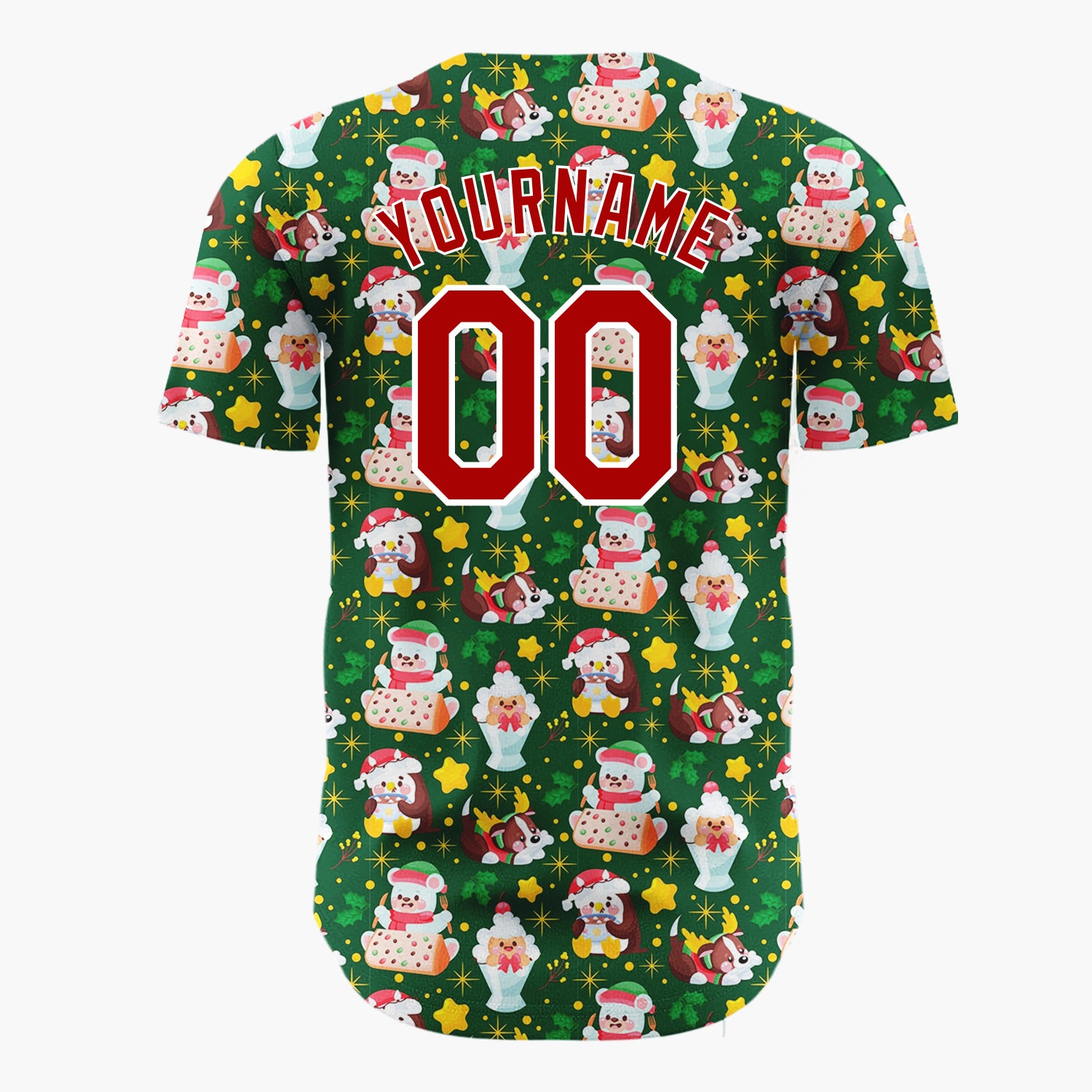 Custom Dark Green Santa Penguin Reindeer Cartoon Pattern Christmas Baseball Jersey