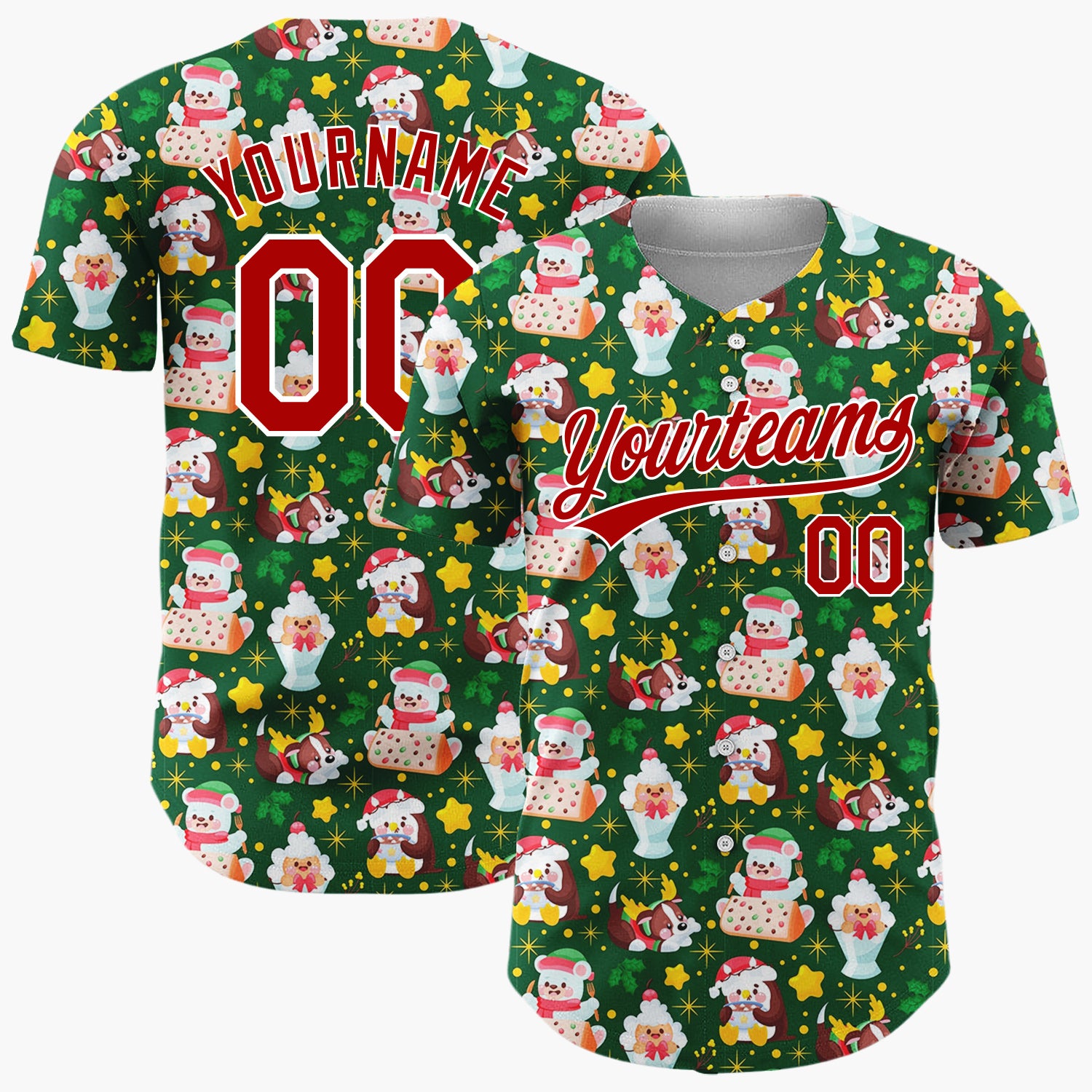 Custom Dark Green Santa Penguin Reindeer Cartoon Pattern Christmas Baseball Jersey