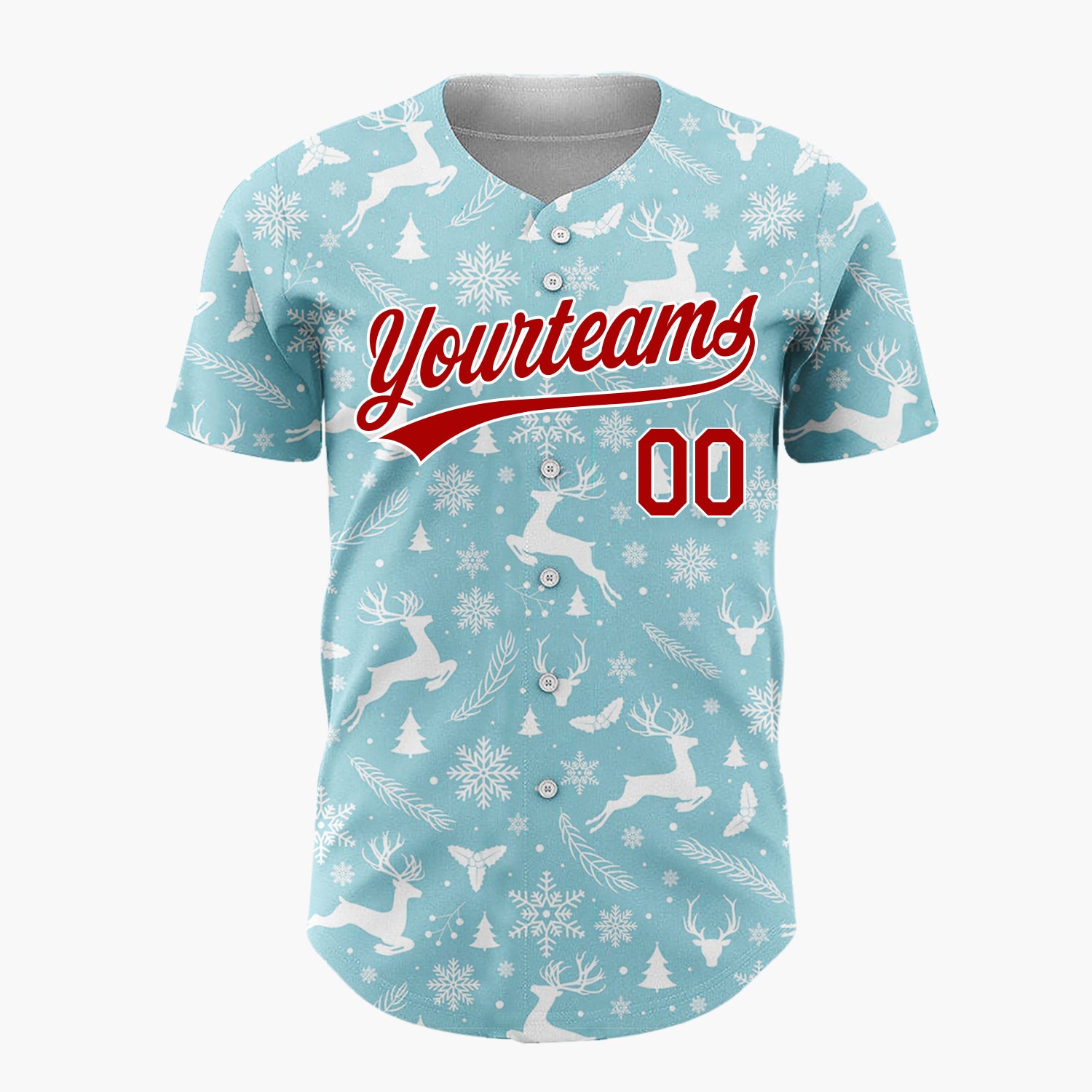 Custom Light Blue Reindeer Snowflakes Nordic Pattern Christmas Baseball Jersey