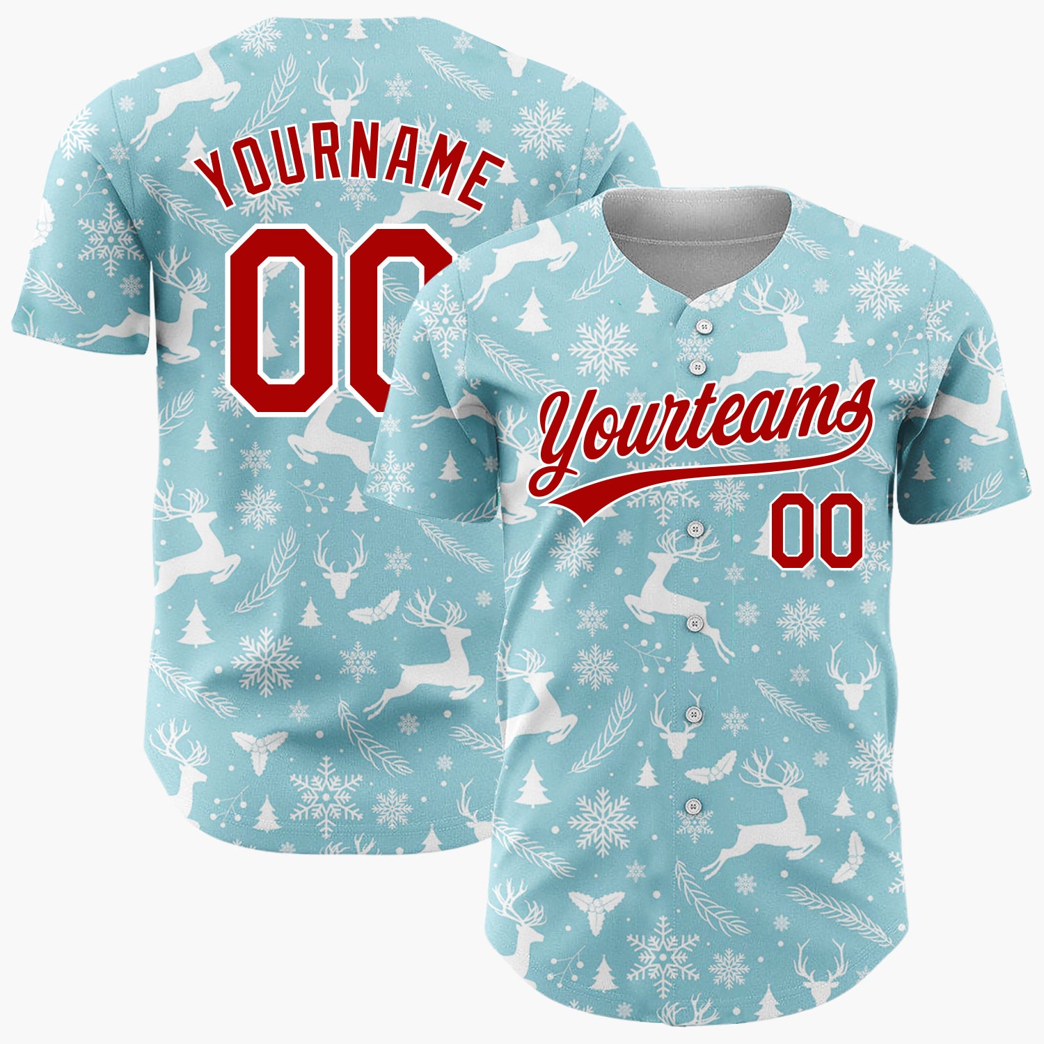 Custom Light Blue Reindeer Snowflakes Nordic Pattern Christmas Baseball Jersey