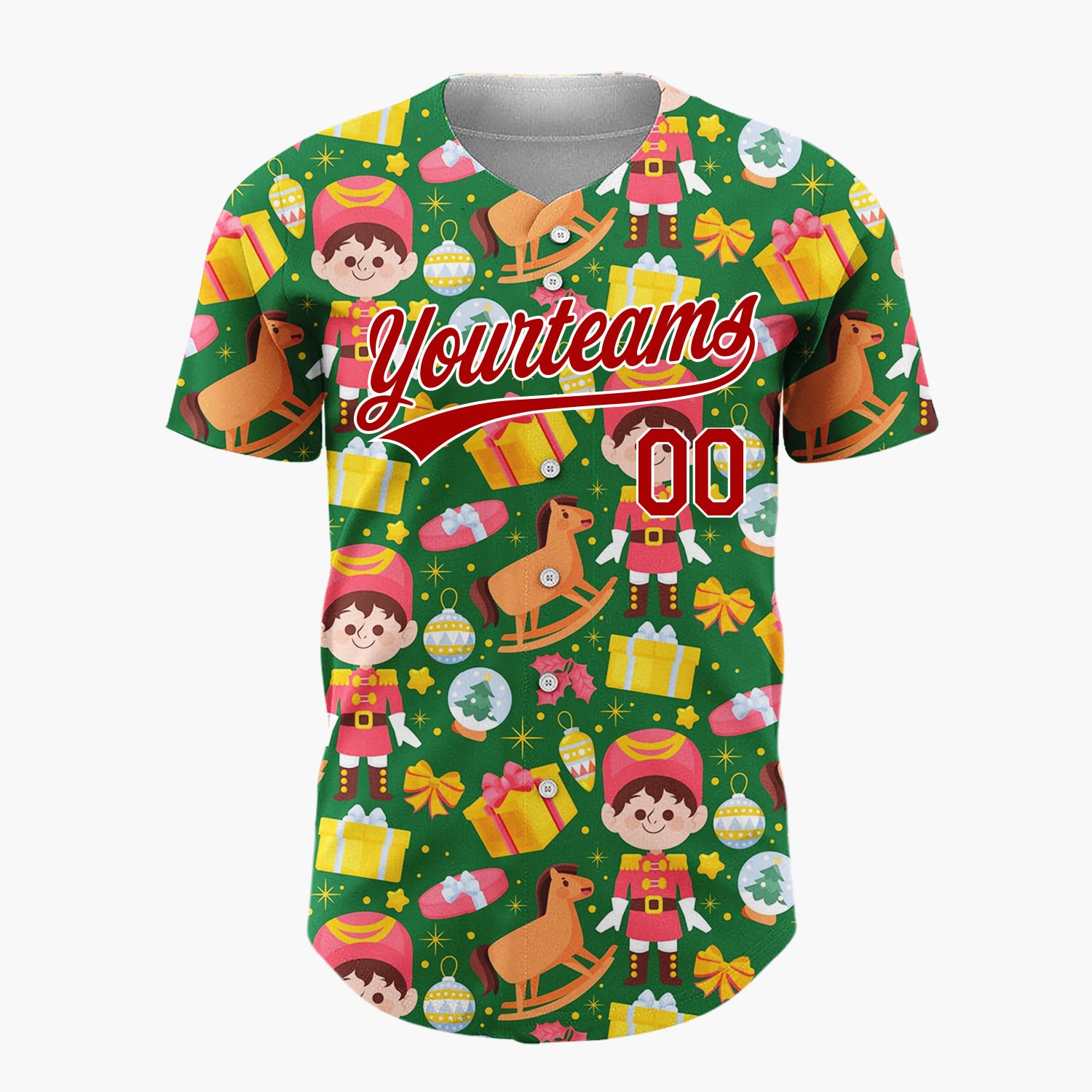 Custom Green Red Toy Soldiers Rocking Horses And Gifts Christmas Toy Pattern Christmas Baseball Jersey