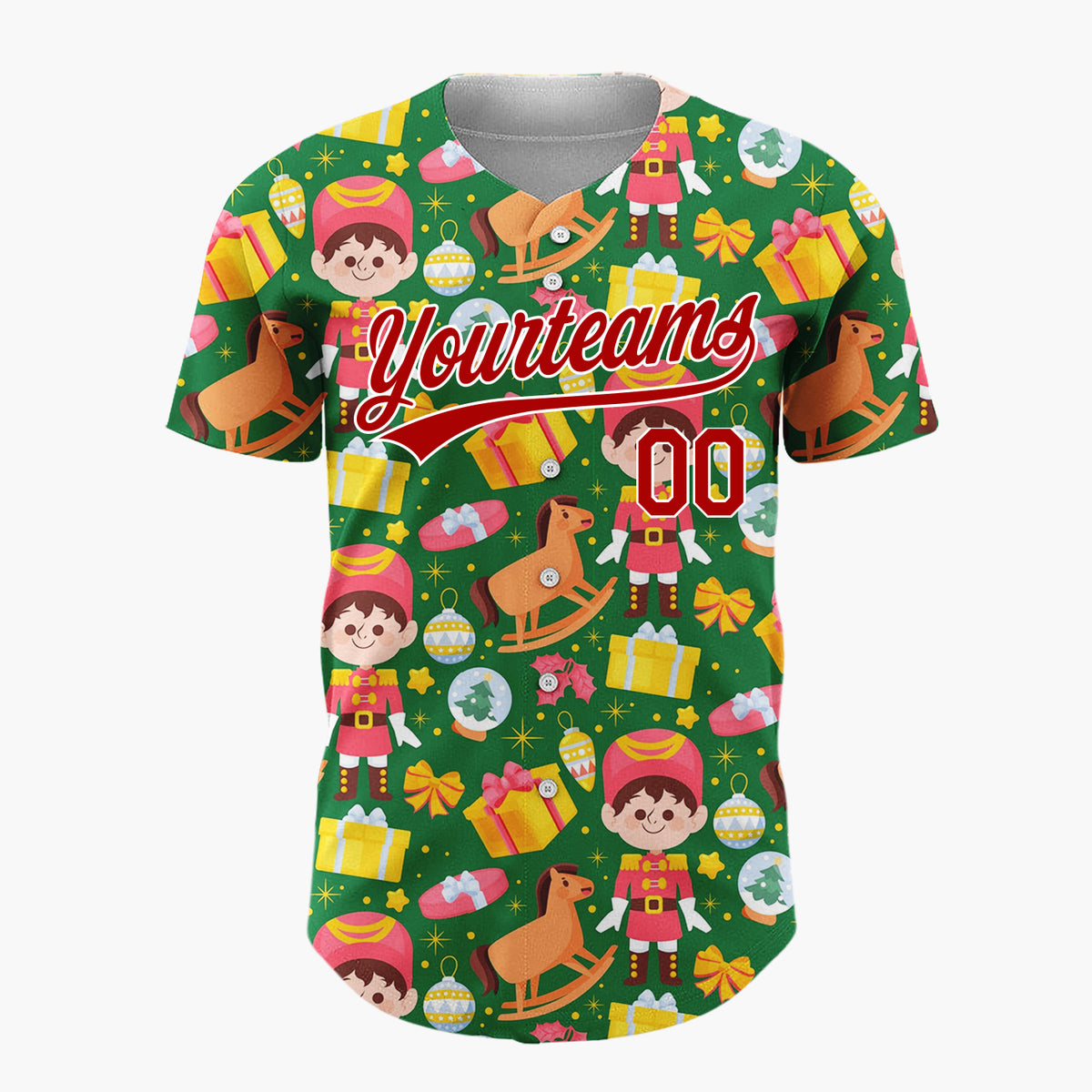 Custom Green Red Toy Soldiers Rocking Horses And Gifts Christmas Toy Pattern Christmas Baseball Jersey