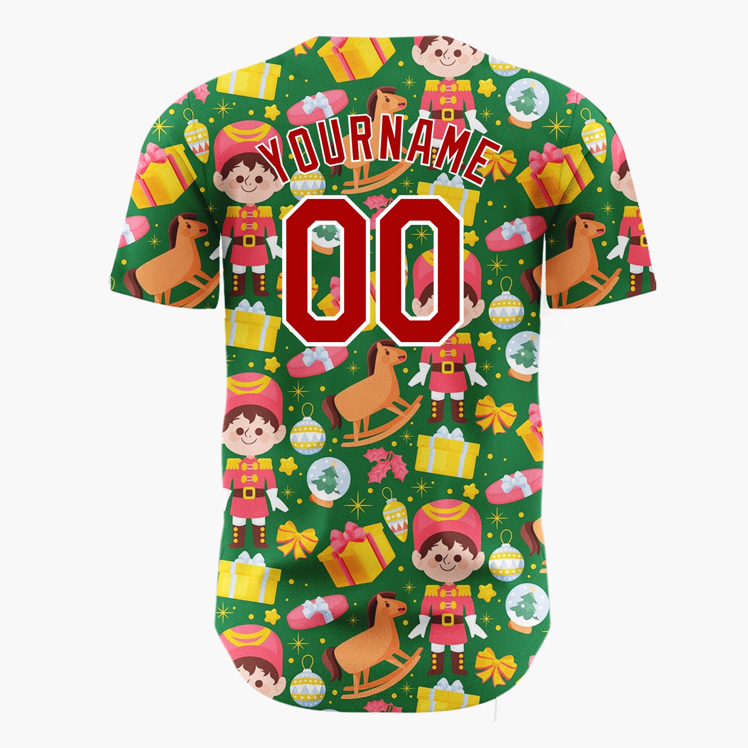 Custom Green Red Toy Soldiers Rocking Horses And Gifts Christmas Toy Pattern Christmas Baseball Jersey
