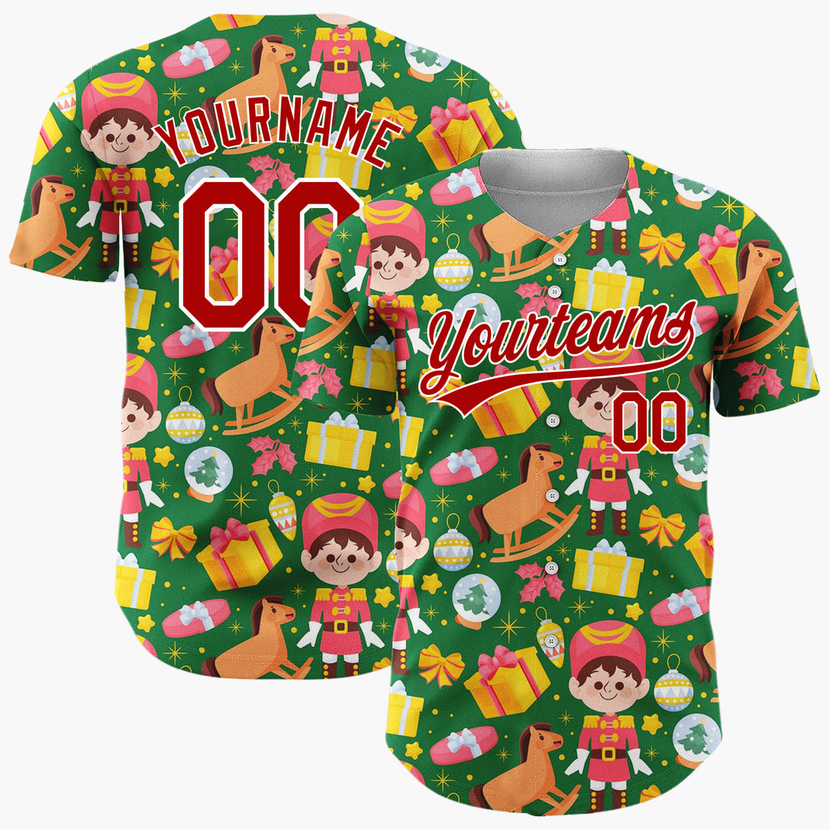 Custom Green Red Toy Soldiers Rocking Horses And Gifts Christmas Toy Pattern Christmas Baseball Jersey