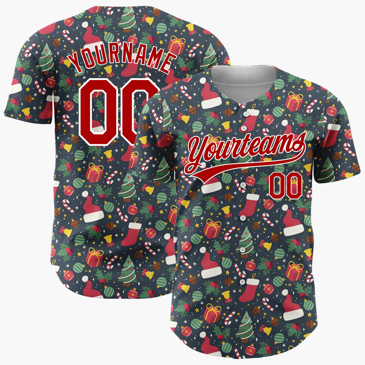 Custom Dark Red Christmas Ornaments Abstract Cartoon Pattern Christmas Baseball Jersey