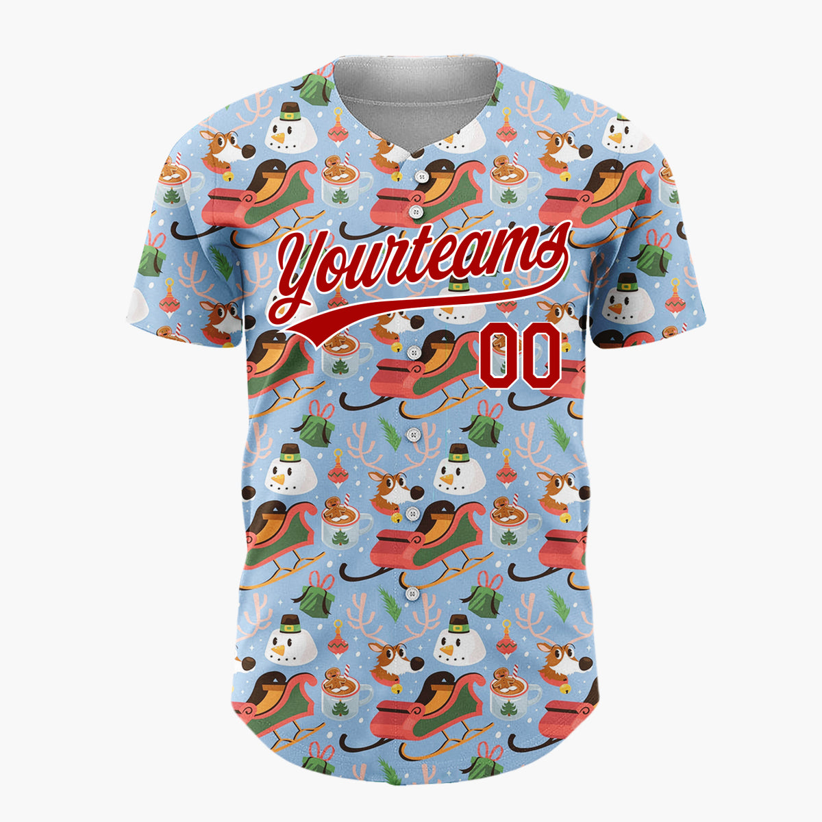 Custom Light Blue Red Sleighs Snowmen And Reindeer Playful Winter Pattern Christmas Baseball Jersey