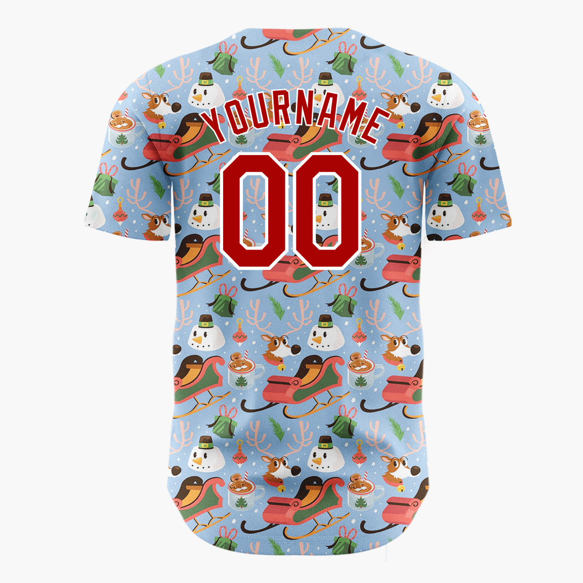Custom Light Blue Red Sleighs Snowmen And Reindeer Playful Winter Pattern Christmas Baseball Jersey