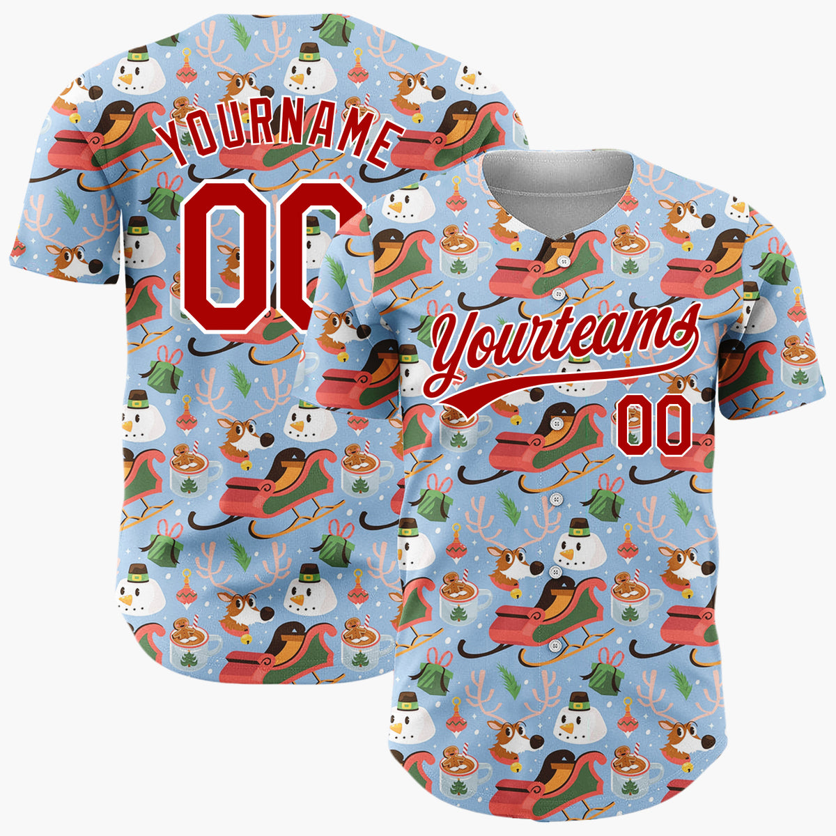 Custom Light Blue Red Sleighs Snowmen And Reindeer Playful Winter Pattern Christmas Baseball Jersey