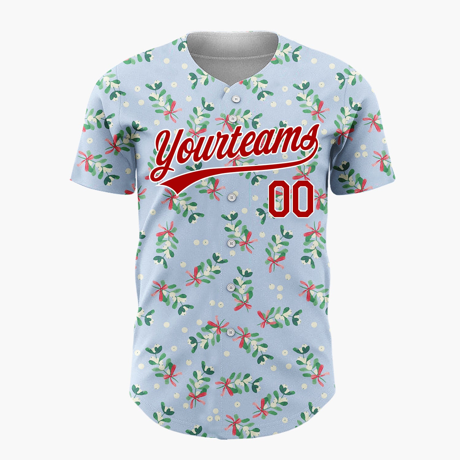 Custom Light Blue Mistletoe Sprigs Red Bows Whimsical Christmas Baseball Jersey