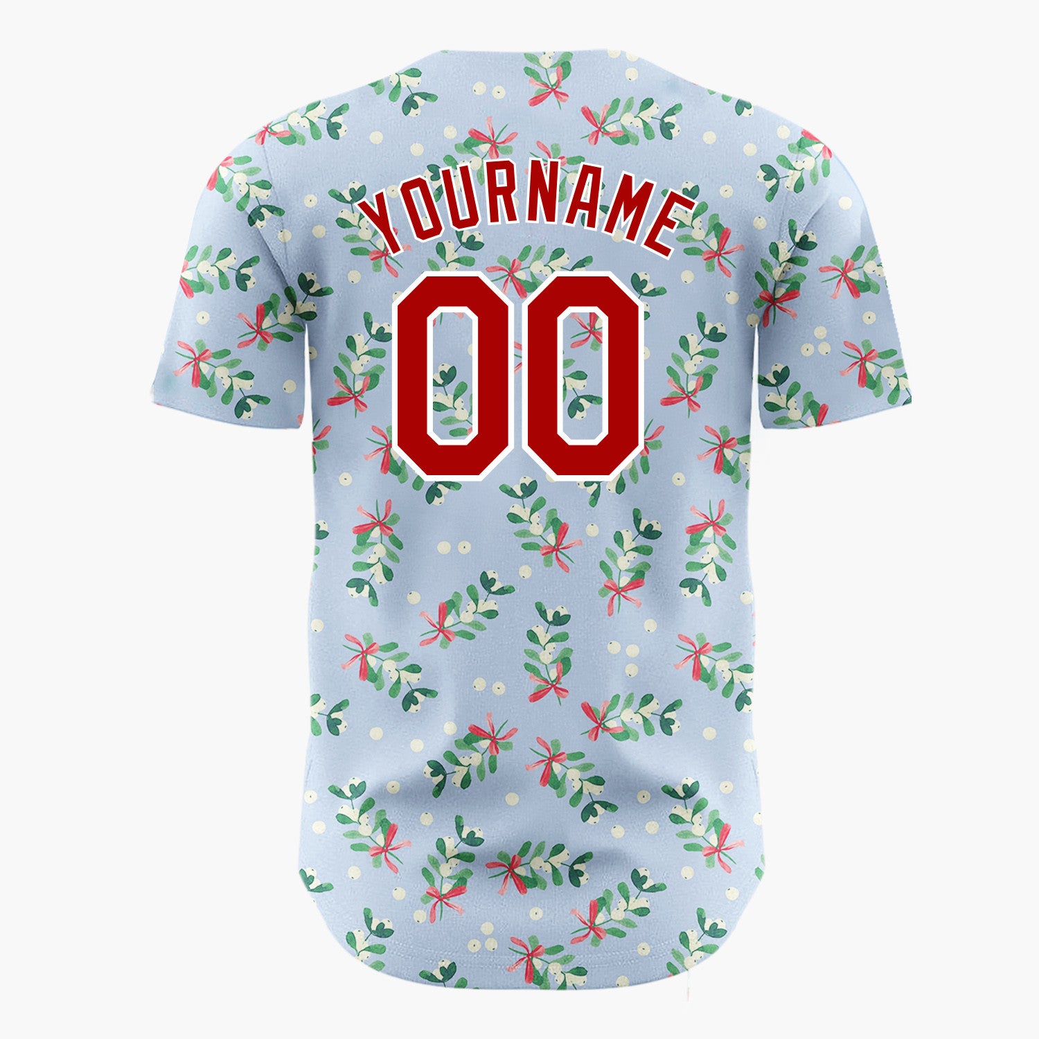 Custom Light Blue Mistletoe Sprigs Red Bows Whimsical Christmas Baseball Jersey