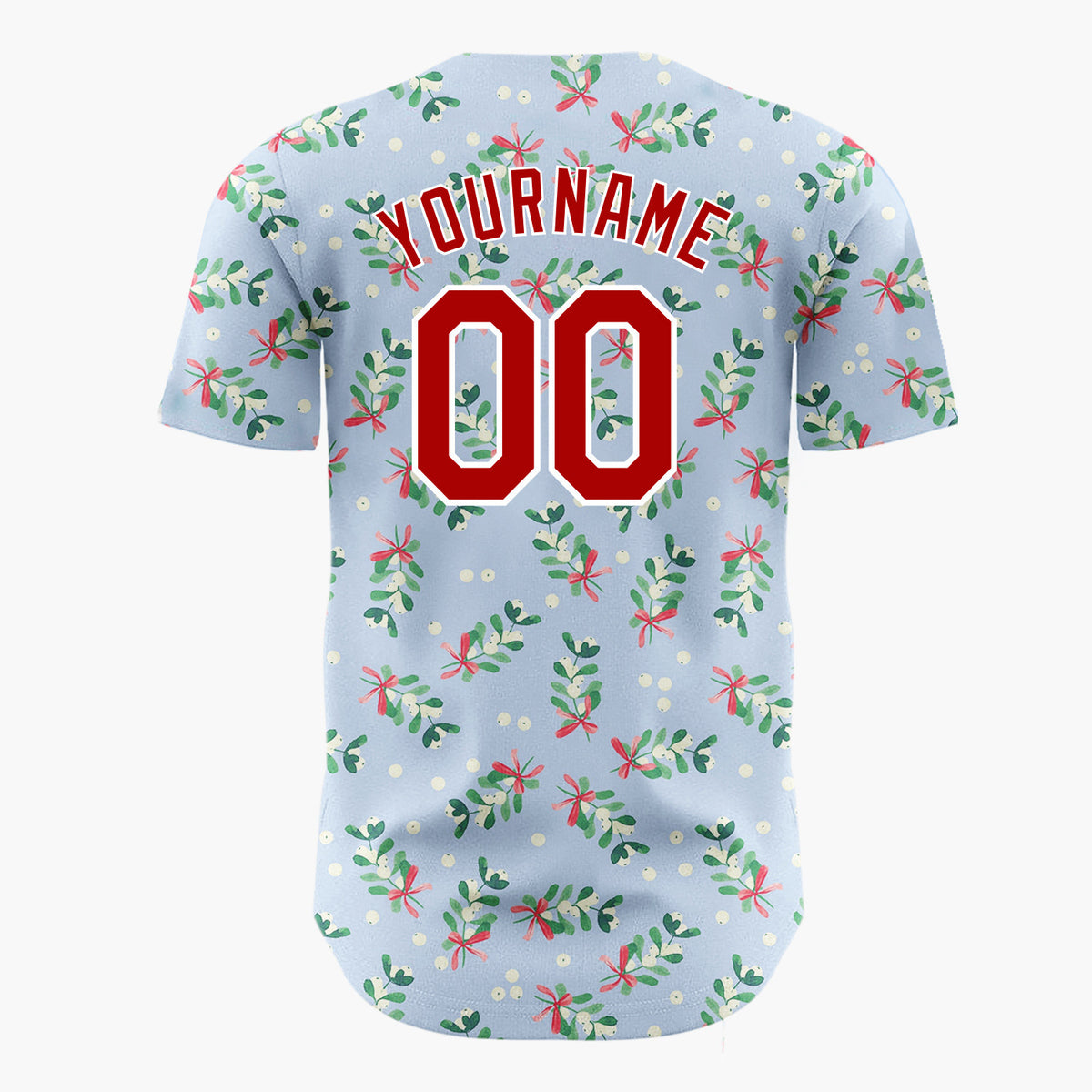 Custom Light Blue Mistletoe Sprigs Red Bows Whimsical Christmas Baseball Jersey