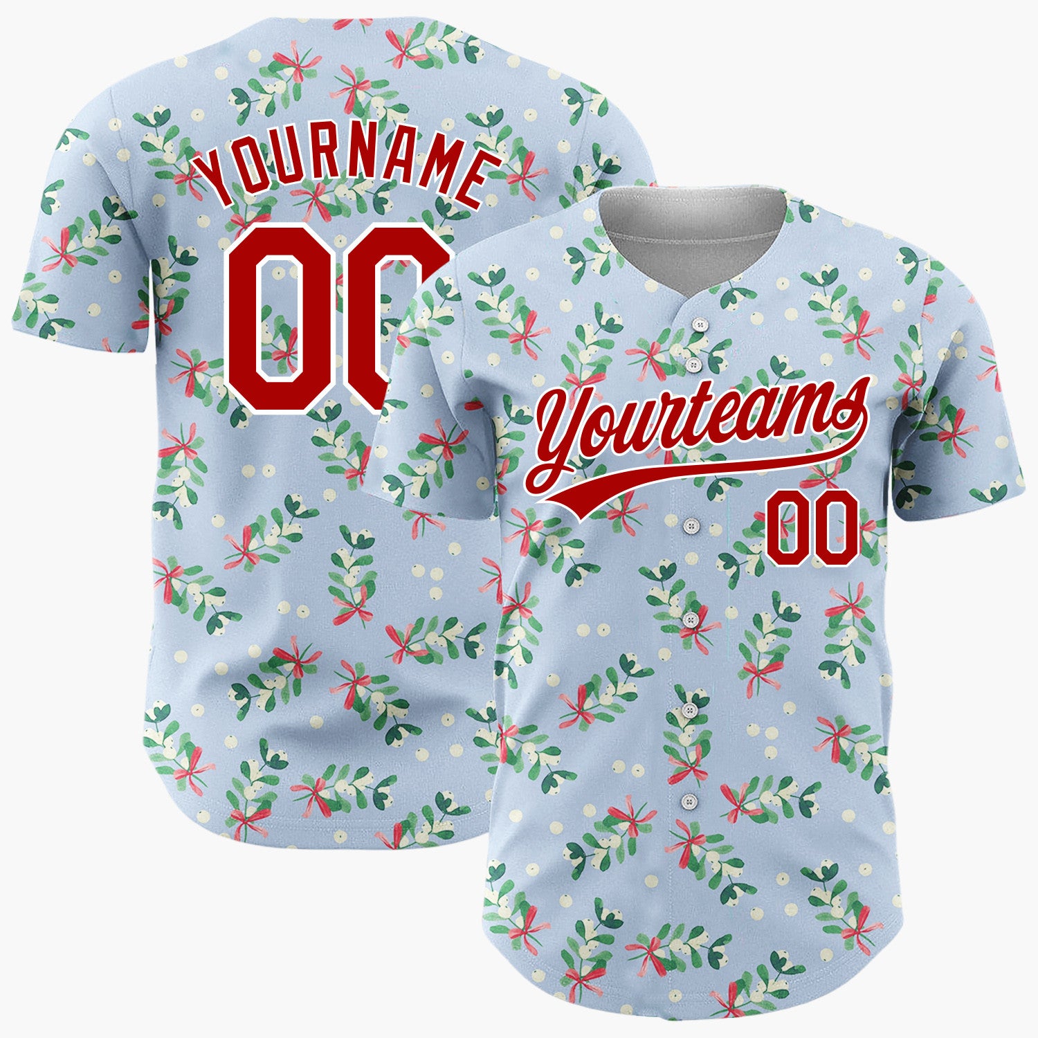 Custom Light Blue Mistletoe Sprigs Red Bows Whimsical Christmas Baseball Jersey