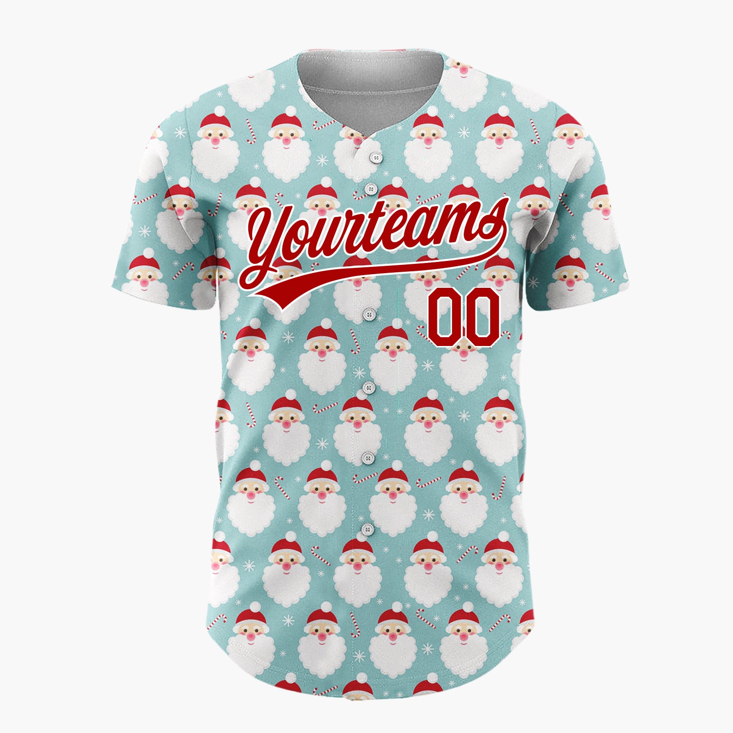 Custom Light Blue Santa Face And Candy Cane Simple Christmas Baseball Jersey