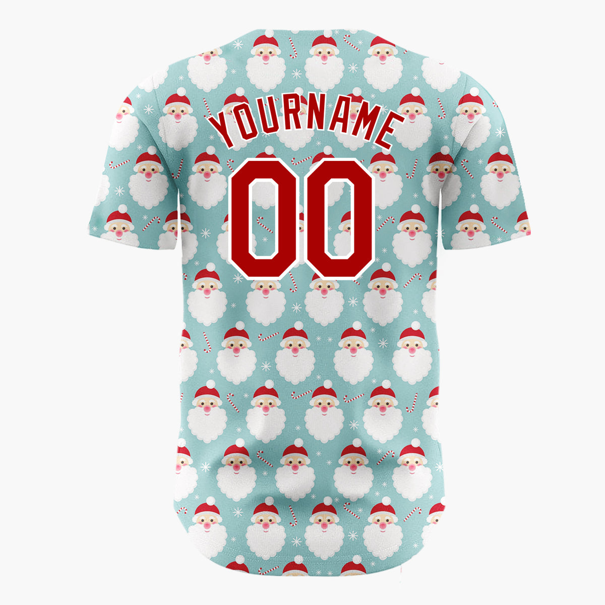 Custom Light Blue Santa Face And Candy Cane Simple Christmas Baseball Jersey