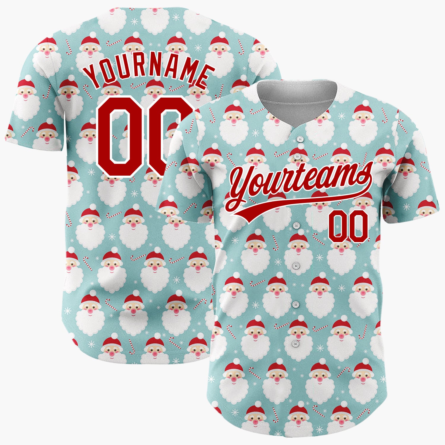Custom Light Blue Santa Face And Candy Cane Simple Christmas Baseball Jersey
