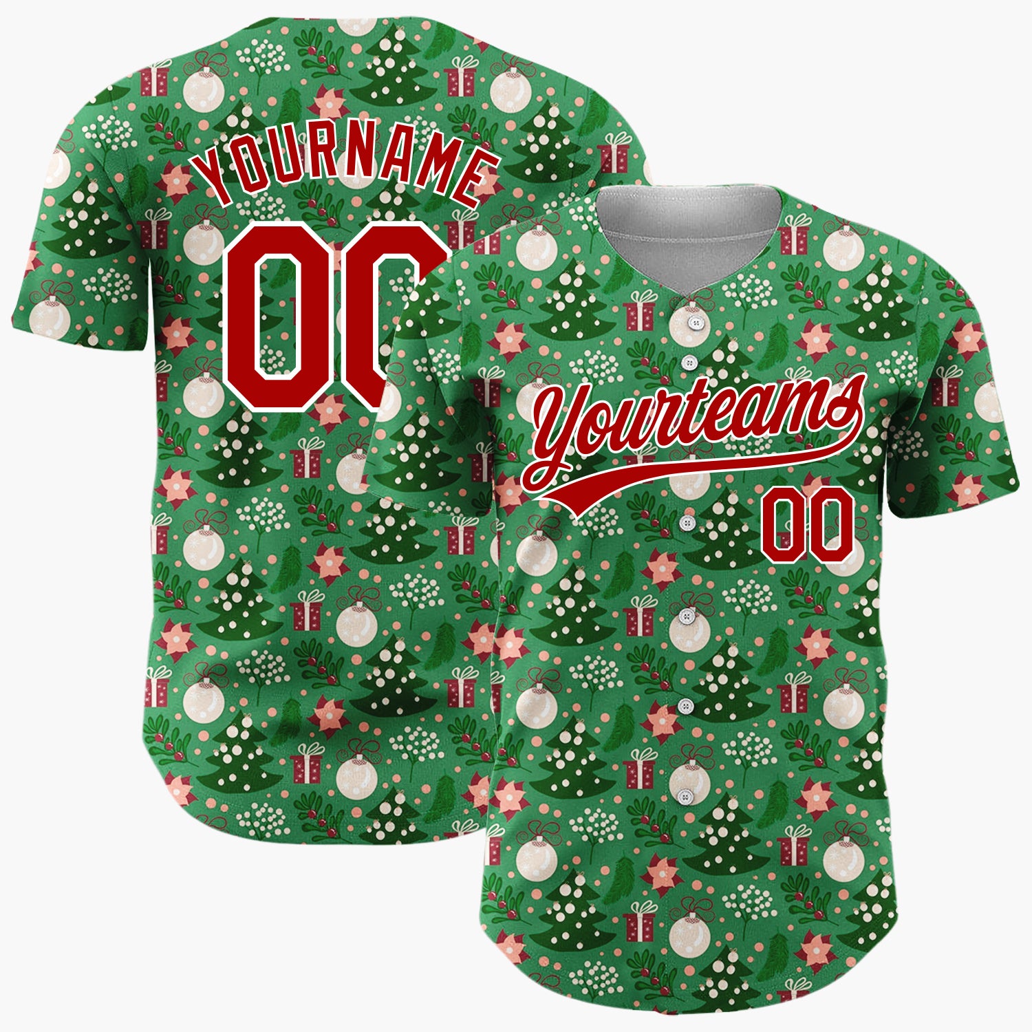 Custom Green Red Cream Trees Gifts And Ornaments Merry Christmas Baseball Jersey