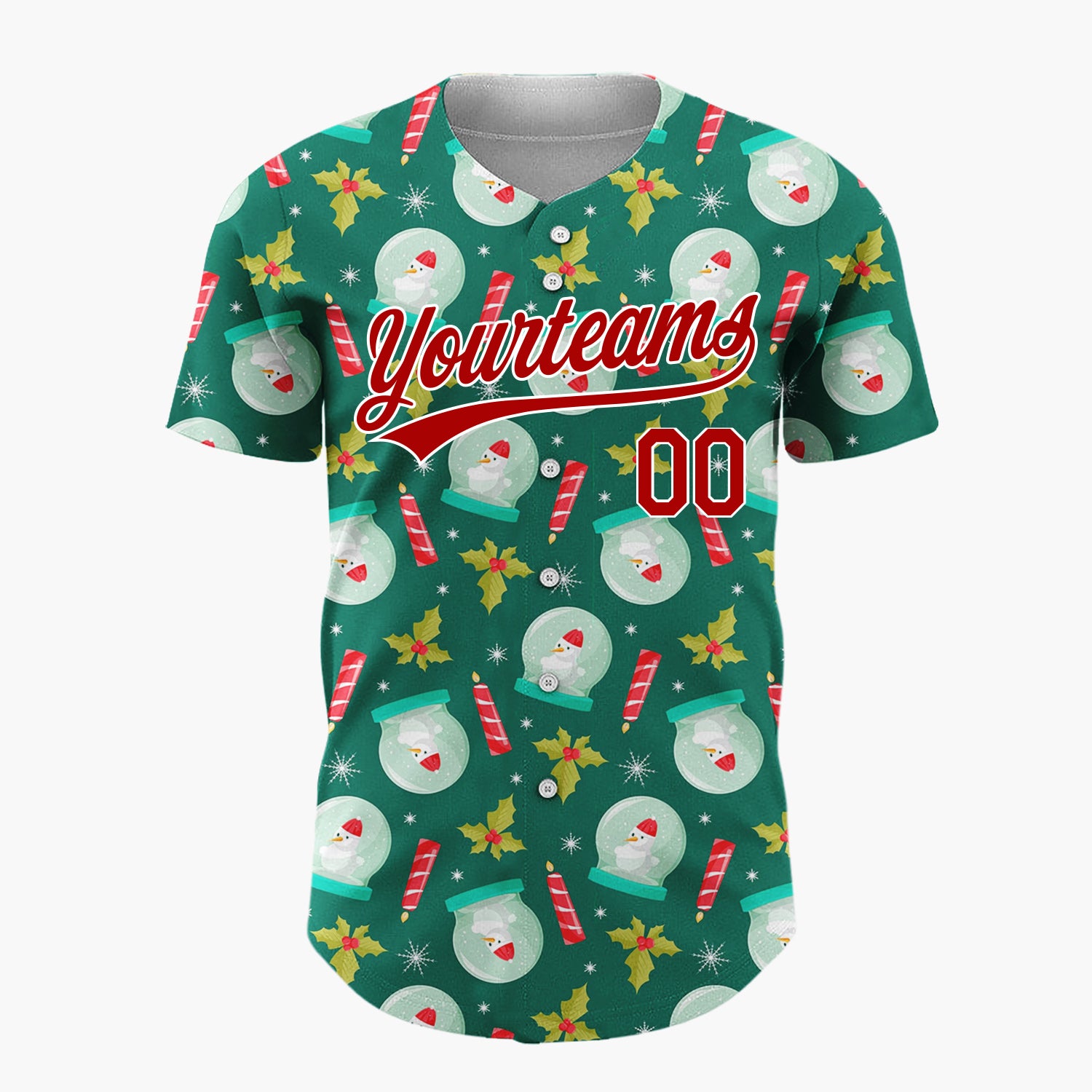Custom Green Red Snow Globes Candles And Holly Christmas Baseball Jersey