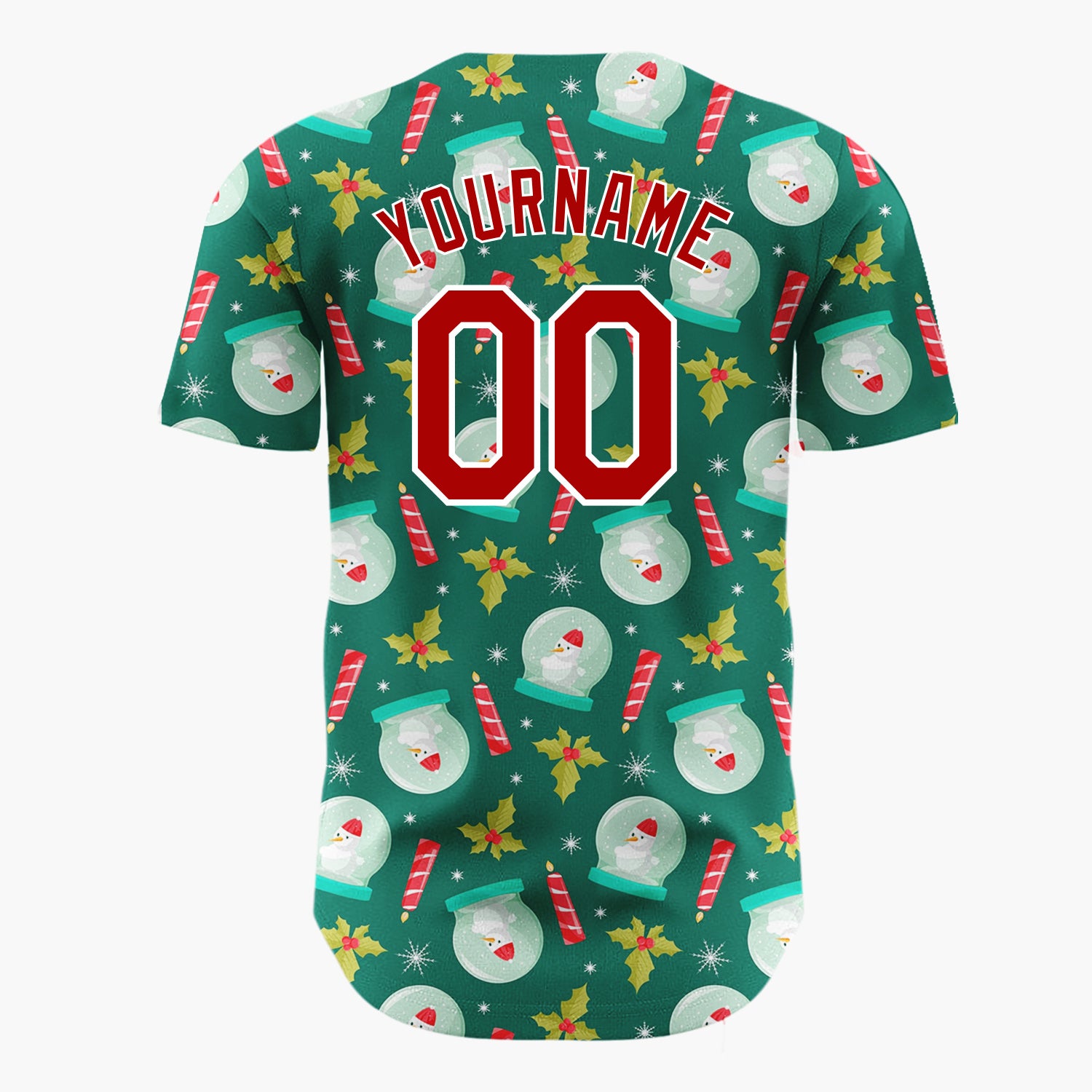 Custom Green Red Snow Globes Candles And Holly Christmas Baseball Jersey