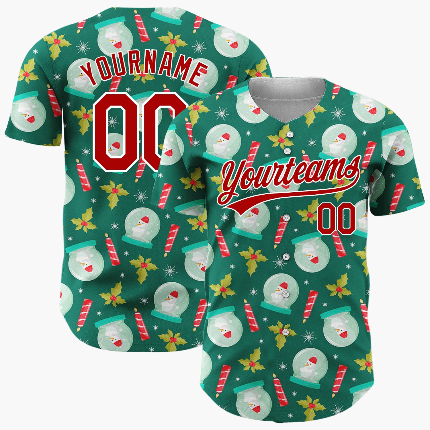 Custom Green Red Snow Globes Candles And Holly Christmas Baseball Jersey