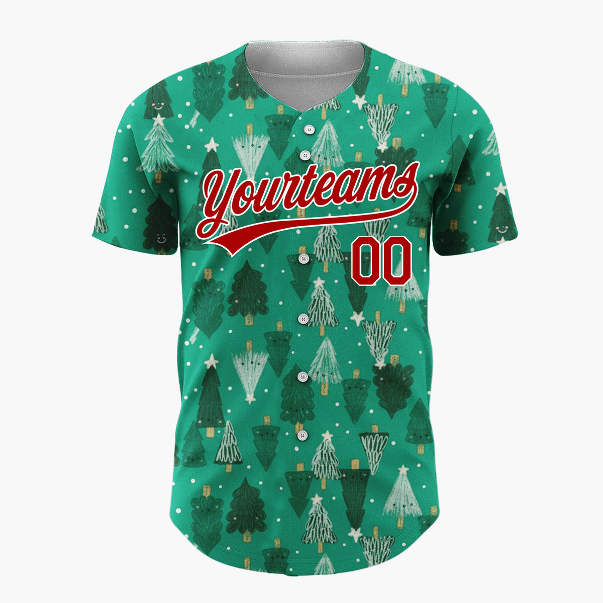 Custom Green Hand Drawn Christmas Trees Festive Forest Pattern Christmas Baseball Jersey