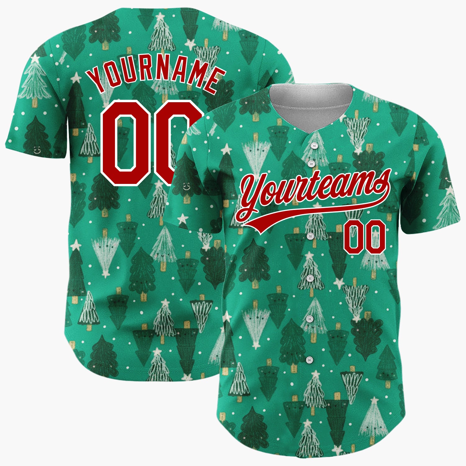 Custom Green Hand Drawn Christmas Trees Festive Forest Pattern Christmas Baseball Jersey