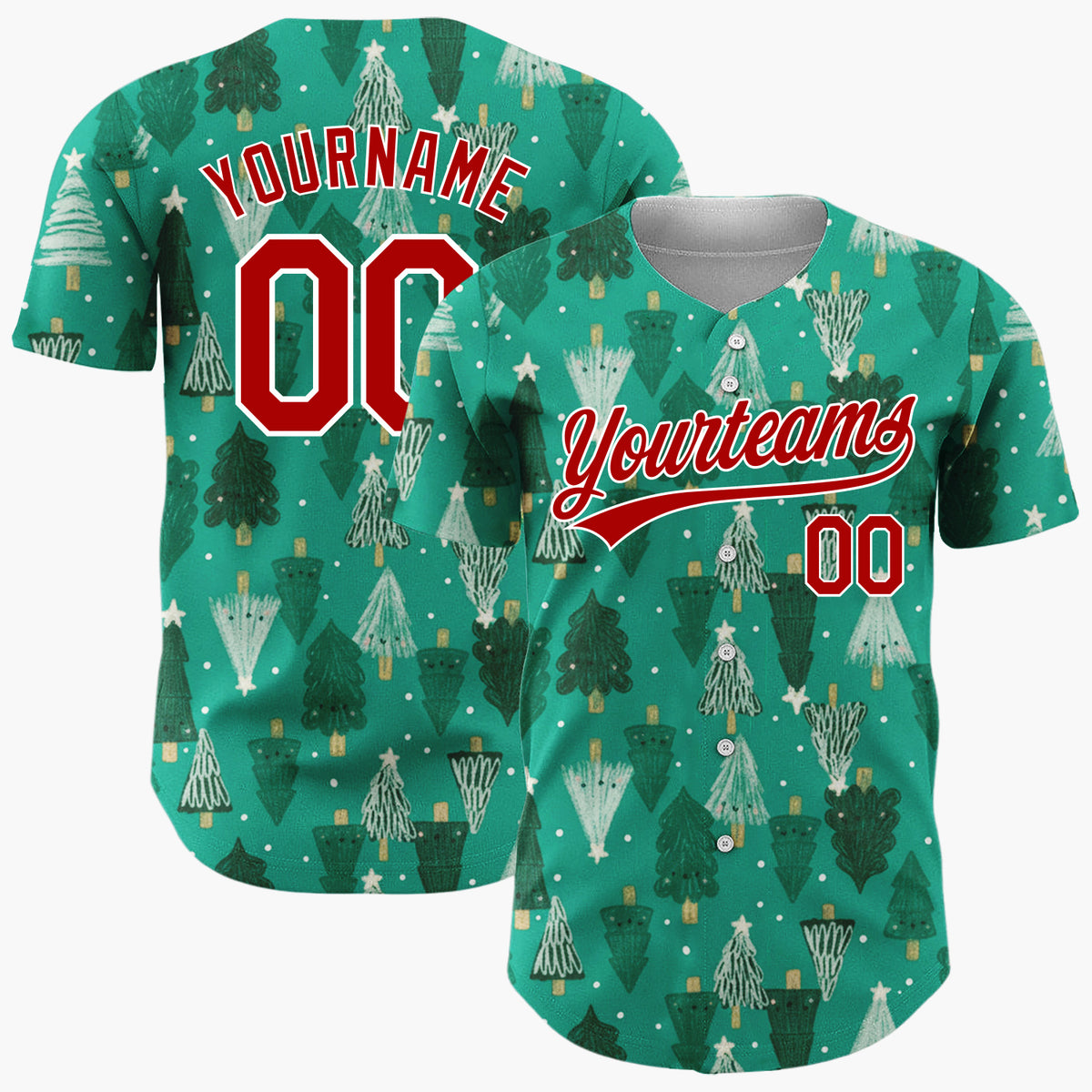 Custom Green White Doodle Christmas Trees Merry Holiday Pattern Christmas Baseball Jersey