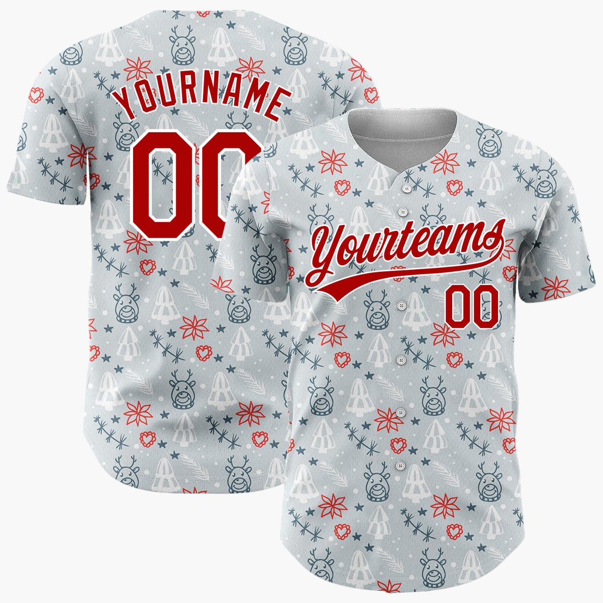 Custom Light Blue Reindeer Trees And Snowflakes Christmas Outline Doodle Pattern Christmas Baseball Jersey