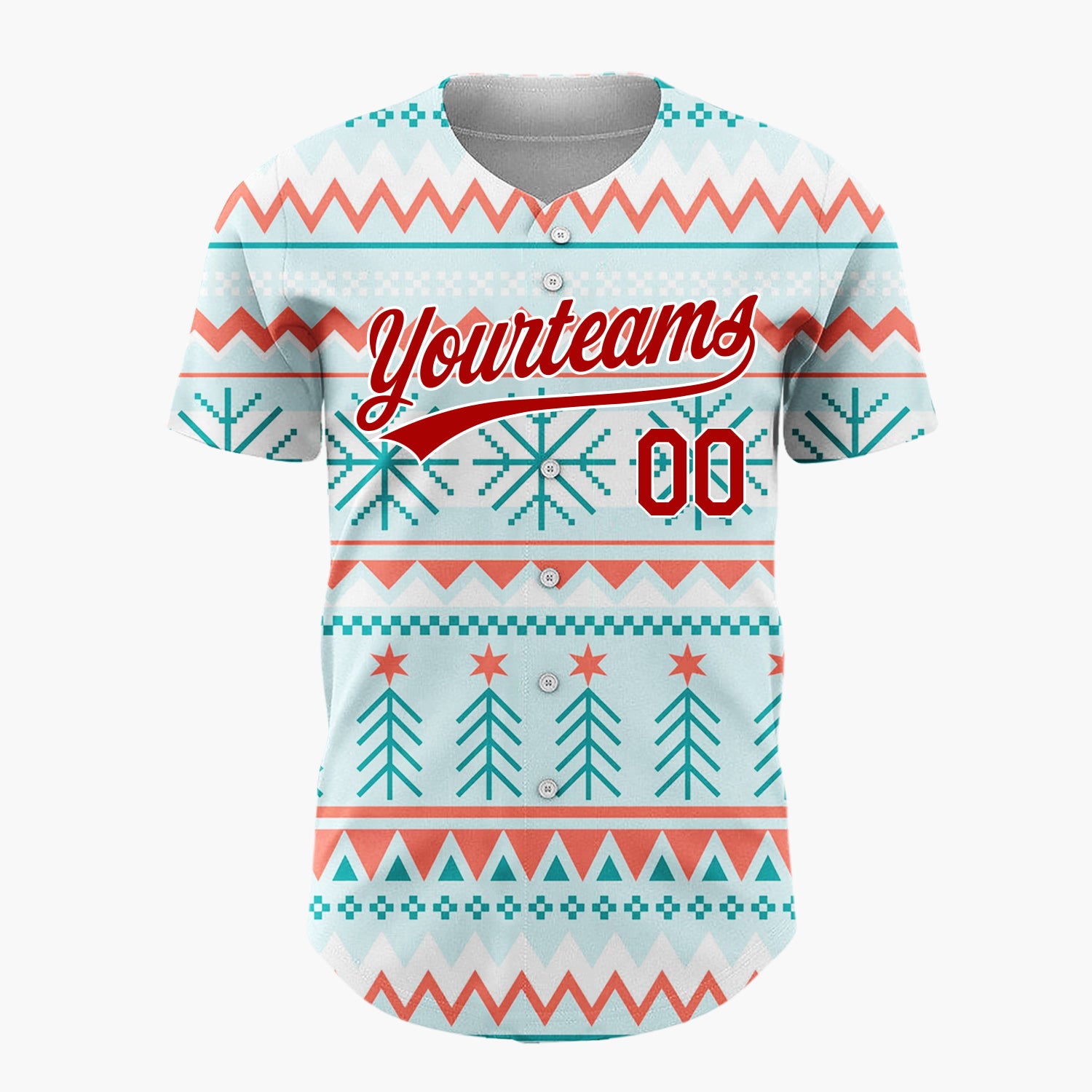 Custom Light Blue Red Teal Trees Snowflakes And Stars Geometric Christmas Baseball Jersey