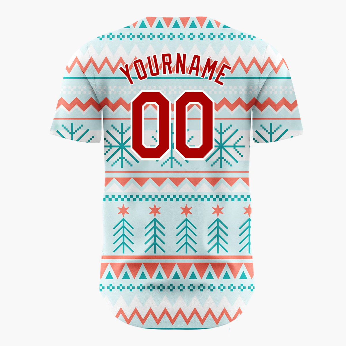 Custom Light Blue Red Teal Trees Snowflakes And Stars Geometric Christmas Baseball Jersey