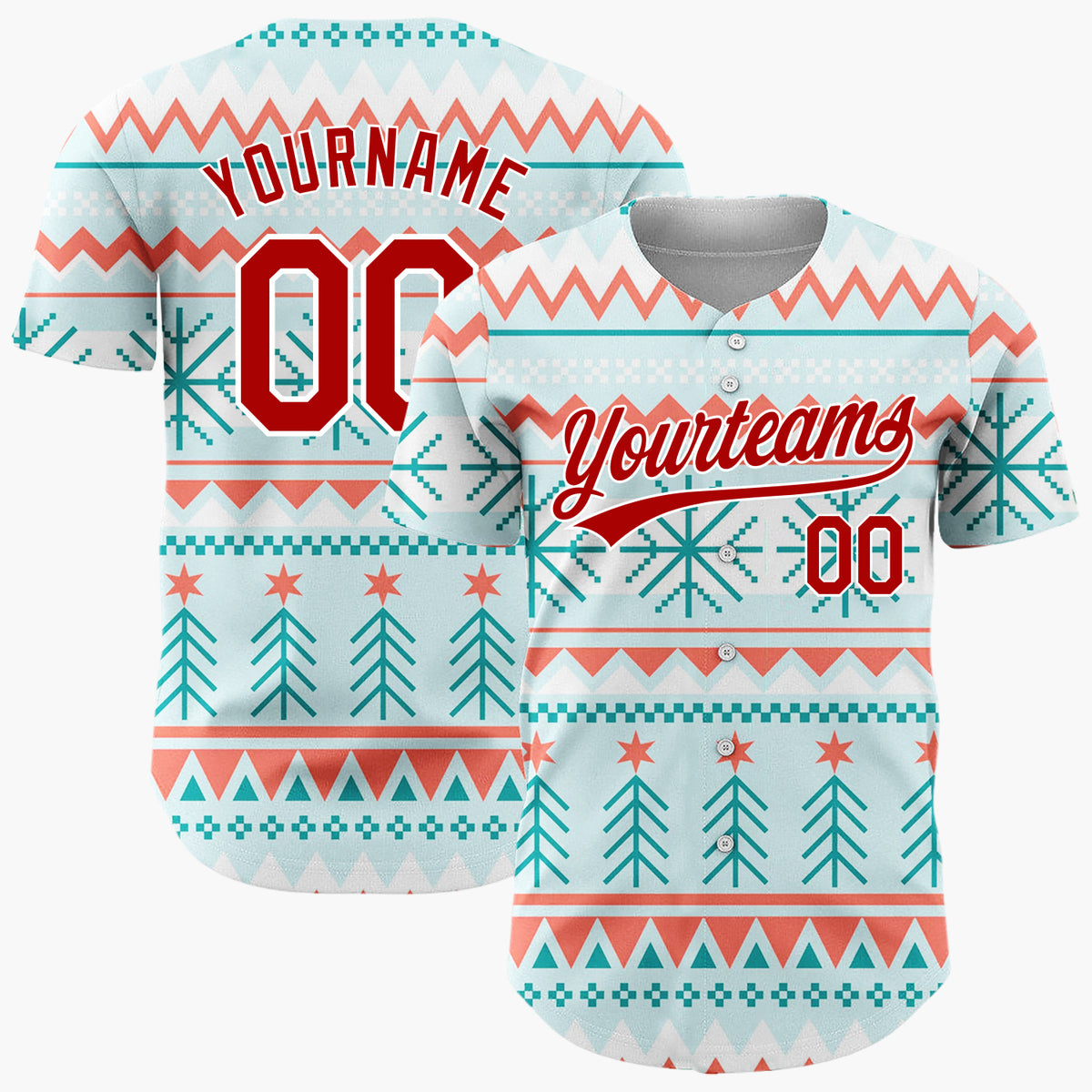 Custom Light Blue Red Teal Trees Snowflakes And Stars Geometric Christmas Baseball Jersey