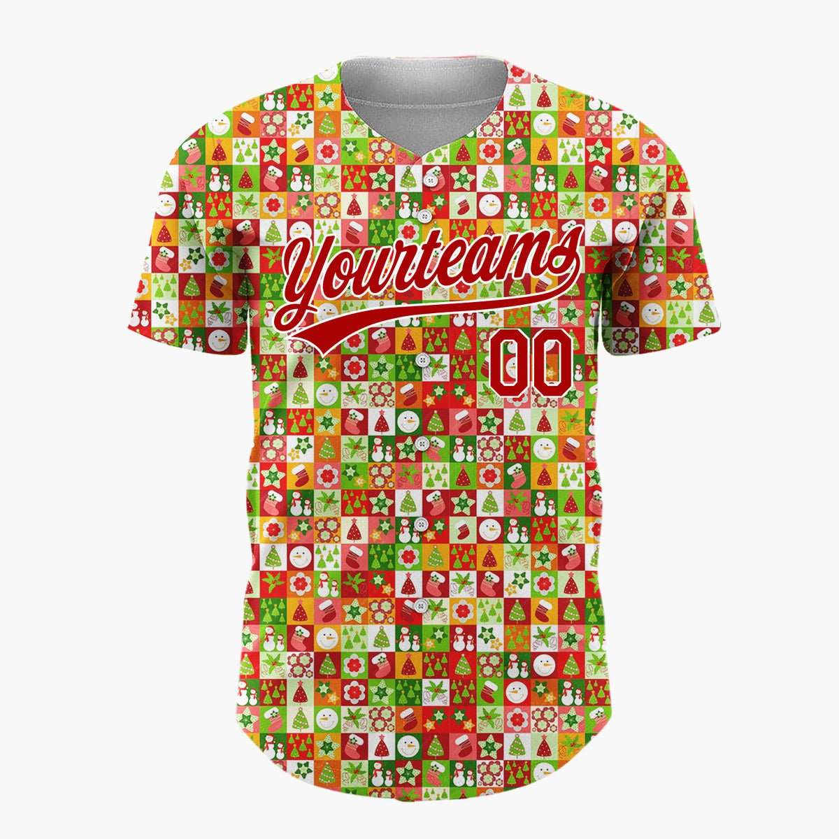 Custom Green Red White Snowmen Stars And Trees Christmas Stripe Collage Pattern Christmas Baseball Jersey